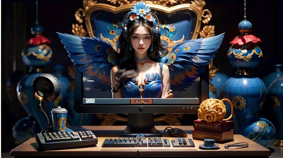 Best Quality, masterpiece, ultra-high resolution, (photo realistic: 1.4) , Surrealism, Fantastical verisimilitude, beautiful blue-skinned goddess Phoenix Peacock on her head, fantastical creation, thriller color scheme, surrealism, abstract, psychedelic, 1 girl,flower,castle,jyy-hd,Messy desktop, half eaten instant noodles, various snacks, mobile phones, tablets, headphones, PSPs, game controllers, illuminated keyboards and mice, scattered stationery,(various mooncakes),keyboard (computer), monitor, mouse (computer), computer, no humans, chair, speaker