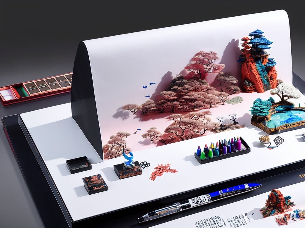 3D, no humans,extremely detailed CG unity8 k wallpaper,masterpiece,best quality,ultra-detailed,
3D Chinese style pens, ink, paper, and inkstones are placed on the 3D Chinese desk