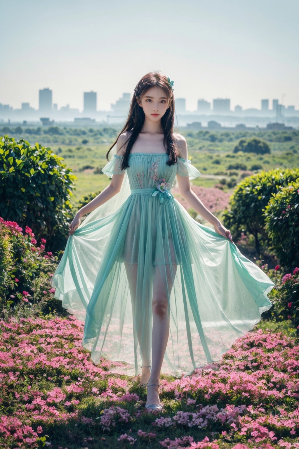 1girl, yuzu, qingsha, medium shot, solo, emotional_face, flower dress, flower armor, looking_at_viewer, green_theme, colorful blooming flowers, forming a dreamlike world, flower_garden, flowers everywhere, greens, pinks, bokeh, cinematic, exposure blend, (teal and orange:0.85), (muted_colors, dim_colors, soothing_tones:1.3), high contrast, low saturation, (Canon RF 85mm f/1.2L),,babata,extreme detailed, colorful, full_body, flower blooming, floating petals, light effects, flower garden, starry sky, emblem,linyuner