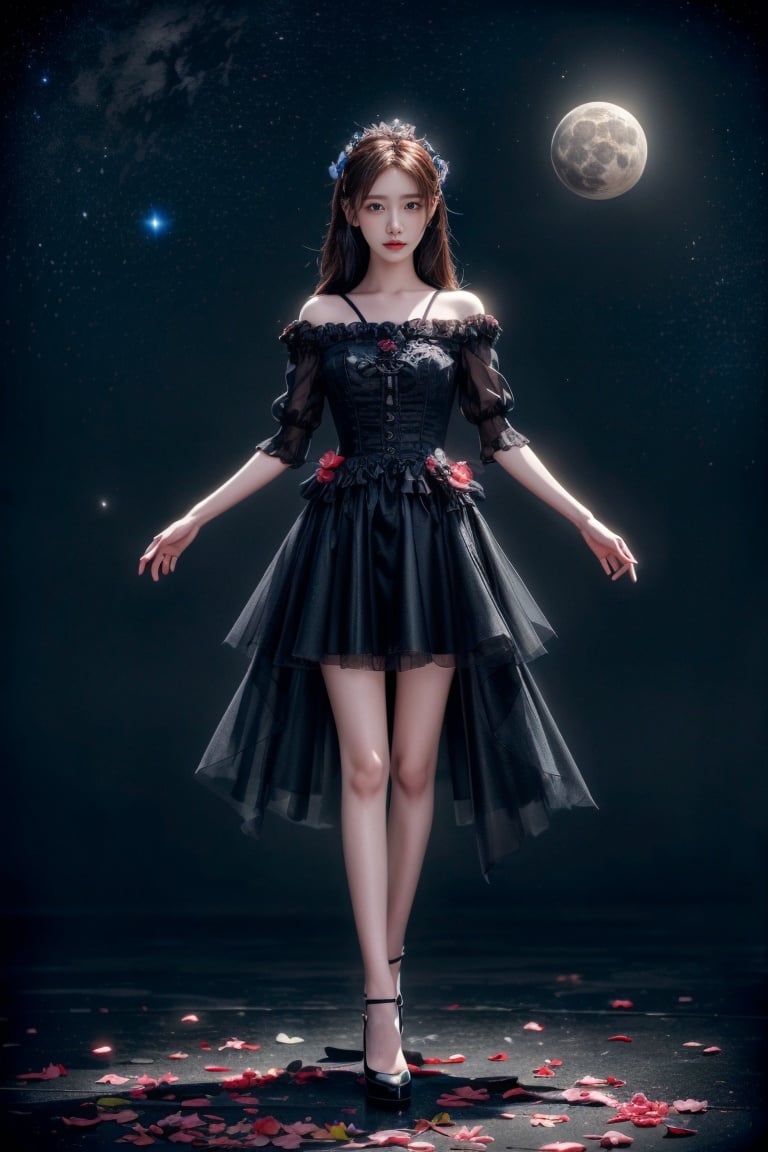 1girl, (masterpiece, best quality, official art, beautiful and aesthetic:1.2), unity 8k wallpaper, (photorealistic:1.4), extreme detailed, colorful, full_body, flower blooming, floating petals, light effects, flower garden, starry sky, moon, emblem,,sunyunzhu,jingling,linyuner