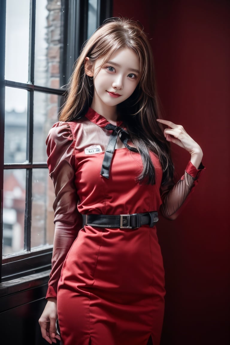 HDR, UHD, 8K, Highly detailed, best quality, masterpiece, 1girl, realistic, Highly detailed, (EOS R8, 50mm, F1.2, 8K, RAW photo:1.2), ultra realistic 8k cg,,h,:),linyuner,solo,kind smile,pose for picture,inside,red dress