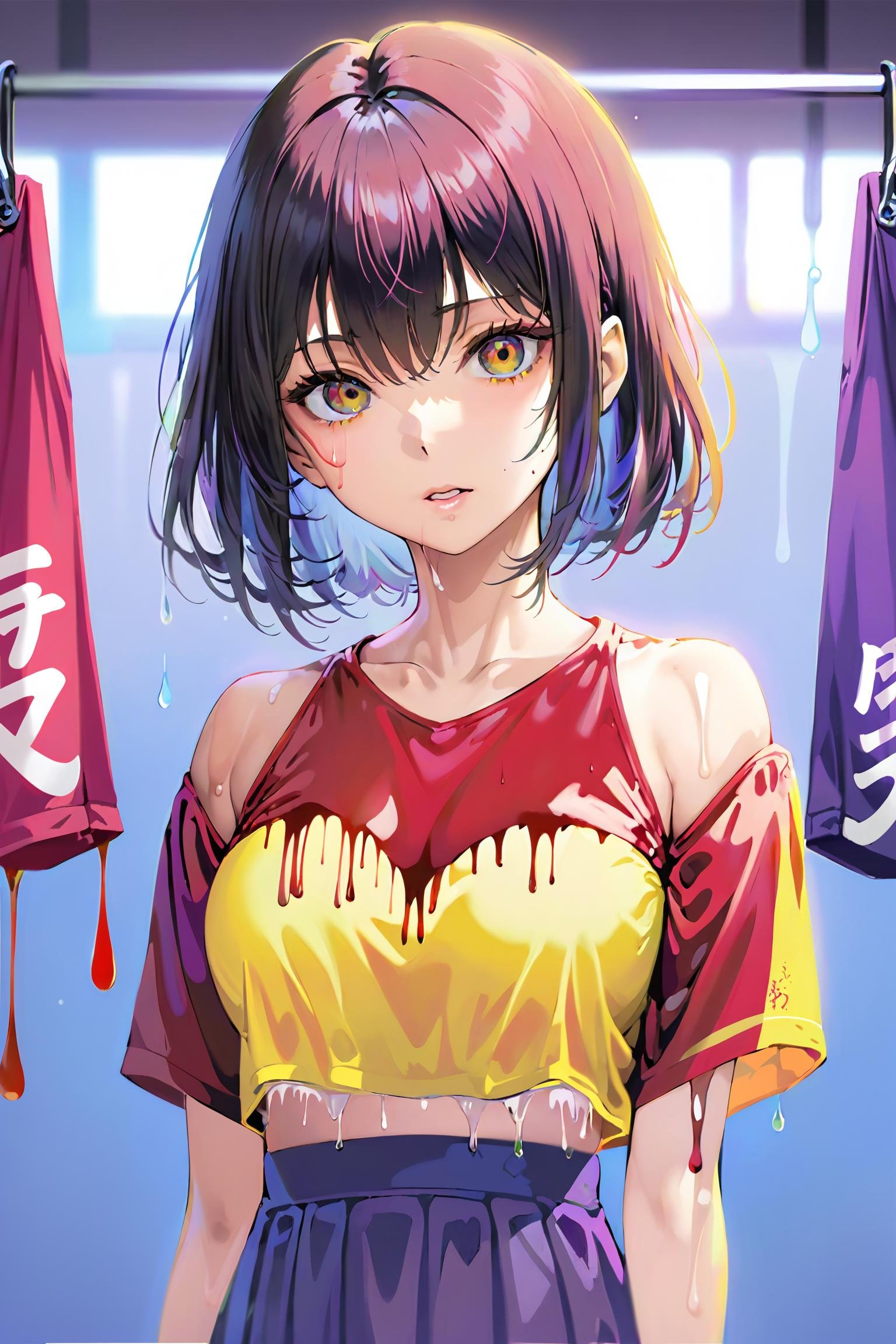 (Masterpiece:1.2), ((intricate details)), cover art, chaos, , 1girl, japanese girl, short hair, black hair, bangs, hair on forehead, high quality, (red, blue, yellow, purple, green ink), ((front view)), face dripping, clothes dripping, ink dripping, (addnet weight 1:1.0), (double exposure), ink scenery