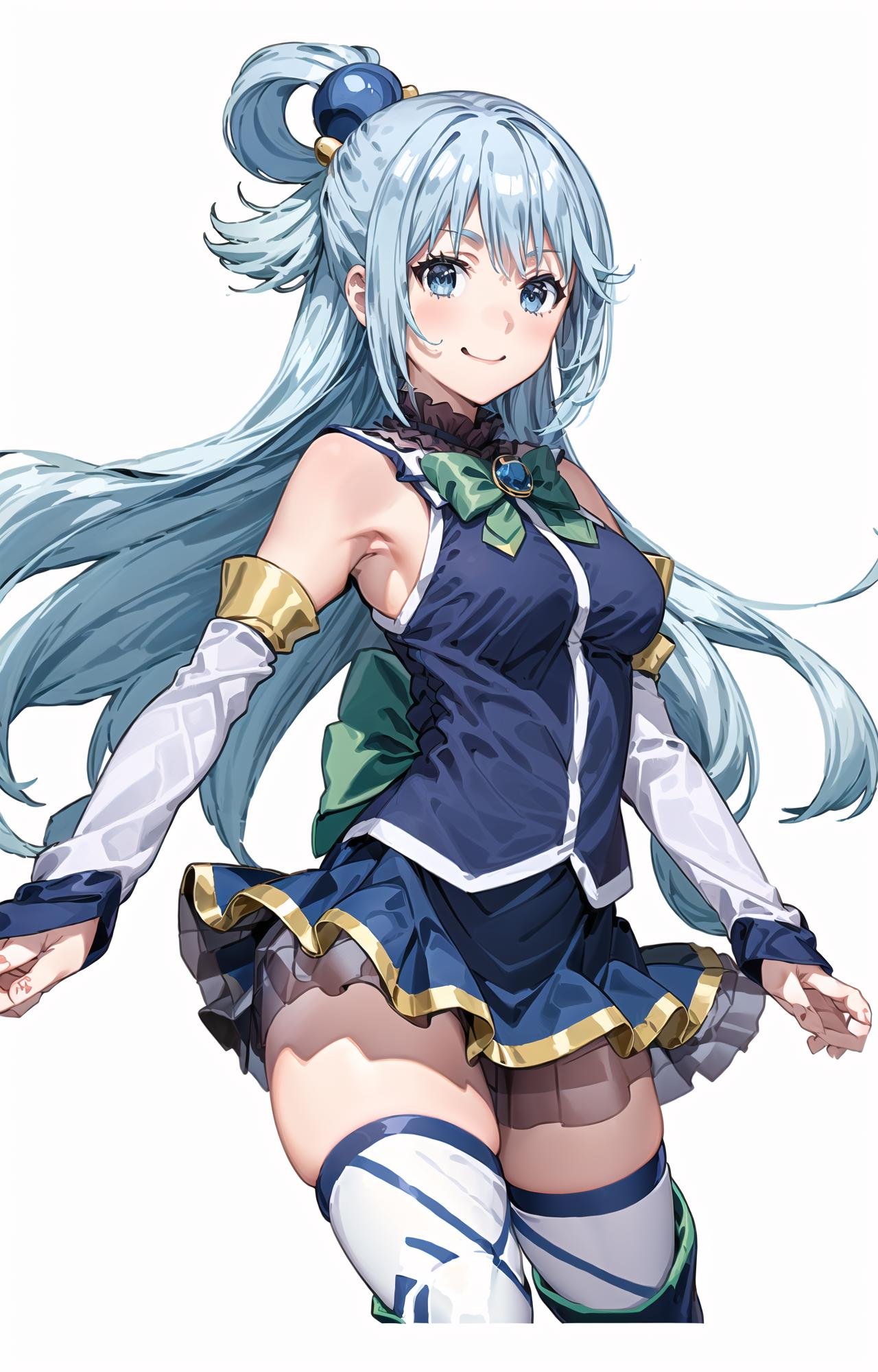 (masterpiece, top quality, best quality, official art, beautiful and aesthetic, picture-perfect:1.4), 1girl, solo, Aqua, (looking at viewer, cowboy shot:1), (blue hair, blue colored hair, long hair, hair ring, hair ornament:1.2), (blue eyes, shining blue eyes:1.3), [smile, closed mouth:1.2], [medium breasts, sexy:1], (Aqua Attire, blue skirt, miniskirt, thigh boots, thighhighs under boots, high heel boots, blue boots, white thighhighs, detached sleeves, green bowtie:1.4), (simple background:1.4), <lora:more_details:.5>, <lora:AquaLora:.8>