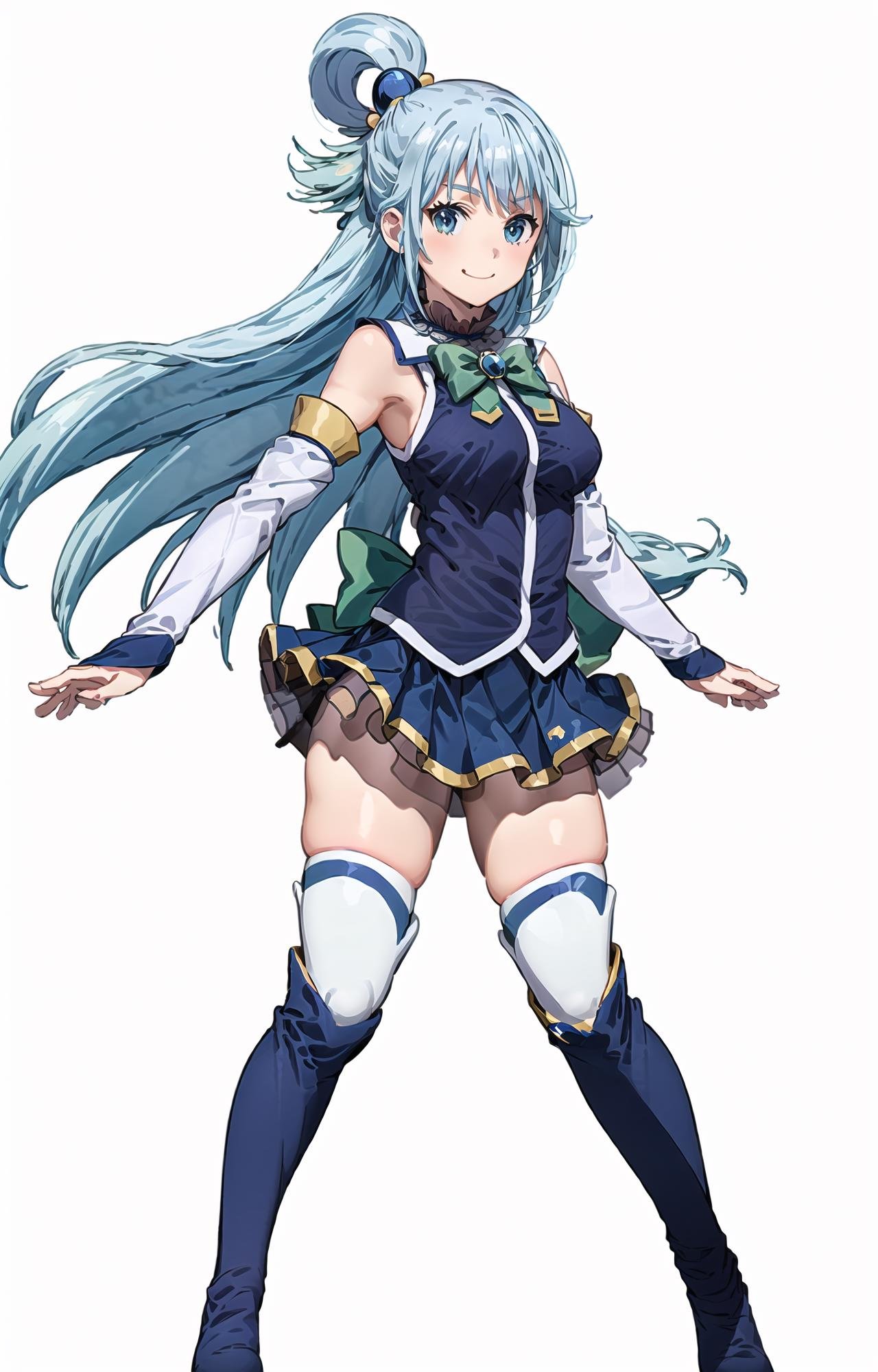 (masterpiece, top quality, best quality, official art, beautiful and aesthetic, picture-perfect:1.4), 1girl, solo, Aqua, (looking at viewer, full body shot:1), (blue hair, blue colored hair, long hair, hair ring, hair ornament:1.2), (blue eyes, shining blue eyes:1.3), [smile, closed mouth:1.2], [medium breasts, sexy:1], (Aqua Attire, blue skirt, miniskirt, thigh boots, thighhighs under boots, high heel boots, blue boots, white thighhighs, detached sleeves, green bowtie:1.4), (simple background:1.4), <lora:more_details:.5>, <lora:AquaLora:.8>