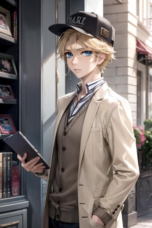 masterpiece, best quality, photorealistic, 1boy, solo, male focus, looking at viewer, , depth of field, , , <lora:hanabusa_aidou:0.70>, hanabusa_aidou, blonde hair, blue eyes, cardigan, trucker hat, science fiction horror, High resolution