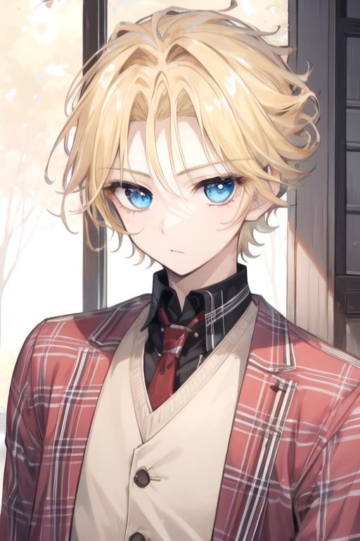 masterpiece, best quality, illustration, 1boy, solo, male focus, looking at viewer, , depth of field, ligne claire, , <lora:hanabusa_aidou:0.72>, hanabusa_aidou, blonde hair, blue eyes, flannel shirt, , market, High resolution