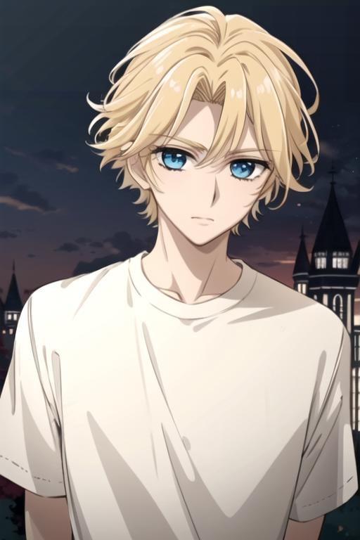 masterpiece, best quality, illustration, 1boy, solo, male focus, looking at viewer, upper body, depth of field, anime coloring, , <lora:hanabusa_aidou:0.70>, hanabusa_aidou, blonde hair, blue eyes, crew neck t-shirt, , The Castle of Shadows, High resolution