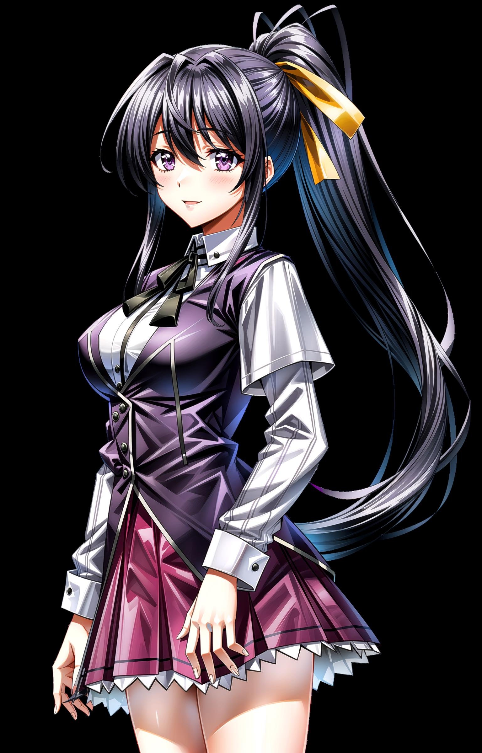 (masterpiece, top quality, best quality, official art, beautiful and aesthetic:1.2),(8k, best quality, masterpiece:1.2), 1girl, mature girl, solo,  Akeno, (looking at viewer, cowboy shot, standing:1), (black hair, black colored hair, black long hair, ponytail, hair ribbon:1.2), (purple eyes, purple shining eyes:1.3), [smile, closed mouth:1.2], [large breasts, sexy:1], (Akeno School, school uniform, red pleated skirt, white shirt, black jacket:1.15), <lora:more_details:.4>, <lora:AkenoLora:.7>