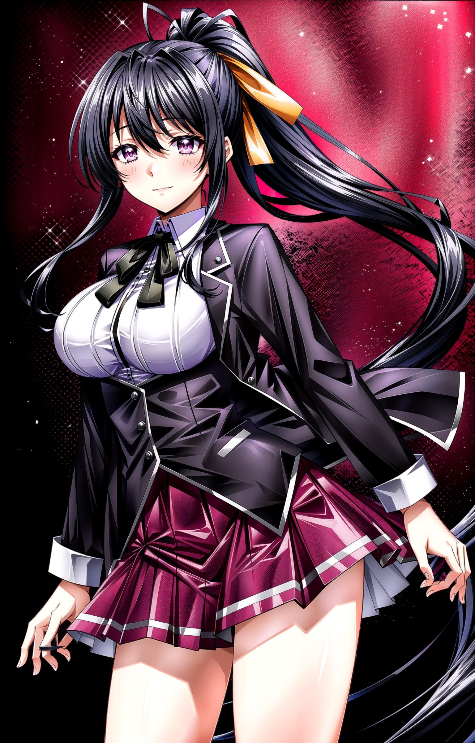 (masterpiece, top quality, best quality, official art, beautiful and aesthetic:1.2),(8k, best quality, masterpiece:1.2), 1girl, mature girl, solo,  Akeno, (looking at viewer, cowboy shot, standing:1), (black hair, black colored hair, black long hair, ponytail, hair ribbon:1.2), (purple eyes, purple shining eyes:1.3), [smile, closed mouth:1.2], [large breasts, sexy:1], (Akeno School, school uniform, red pleated skirt, white shirt, black jacket:1.15), <lora:more_details:.4>, <lora:AkenoLora:.7>