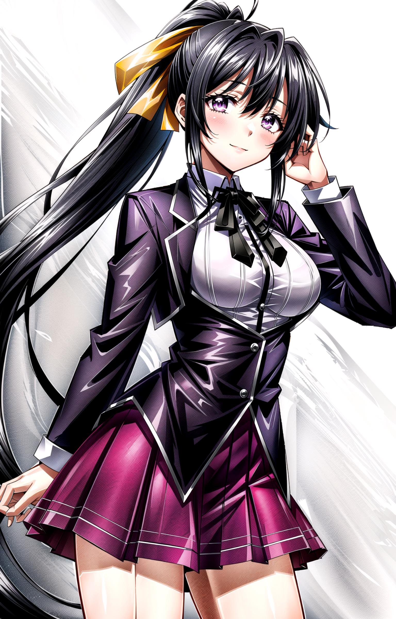 (masterpiece, top quality, best quality, official art, beautiful and aesthetic:1.2),(8k, best quality, masterpiece:1.2), 1girl, mature girl, solo,  Akeno, (looking at viewer, cowboy shot, standing:1), (black hair, black colored hair, black long hair, ponytail, hair ribbon:1.2), (purple eyes, purple shining eyes:1.3), [smile, closed mouth:1.2], [large breasts, sexy:1], (Akeno School, school uniform, red pleated skirt, white shirt, black jacket:1.15), <lora:more_details:.4>, <lora:AkenoLora:.7>