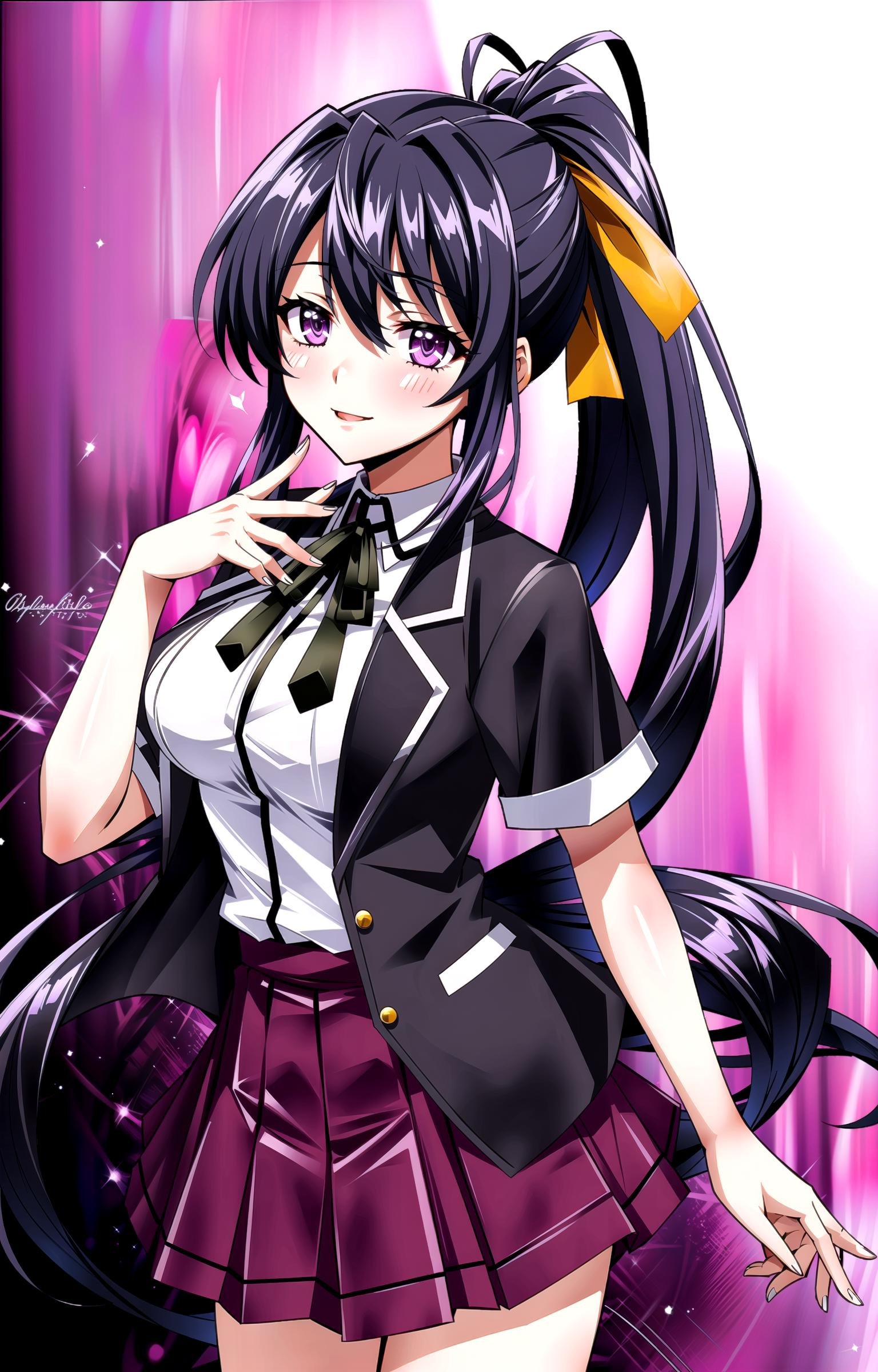 (masterpiece, top quality, best quality, official art, beautiful and aesthetic:1.2),(8k, best quality, masterpiece:1.2), 1girl, mature girl, solo,  Akeno, (looking at viewer, cowboy shot, standing:1), (black hair, black colored hair, black long hair, ponytail, hair ribbon:1.2), (purple eyes, purple shining eyes:1.3), [smile, closed mouth:1.2], [large breasts, sexy:1], (Akeno School, school uniform, red pleated skirt, white shirt, black jacket:1.15), <lora:more_details:.2>, <lora:AkenoLora:.7>