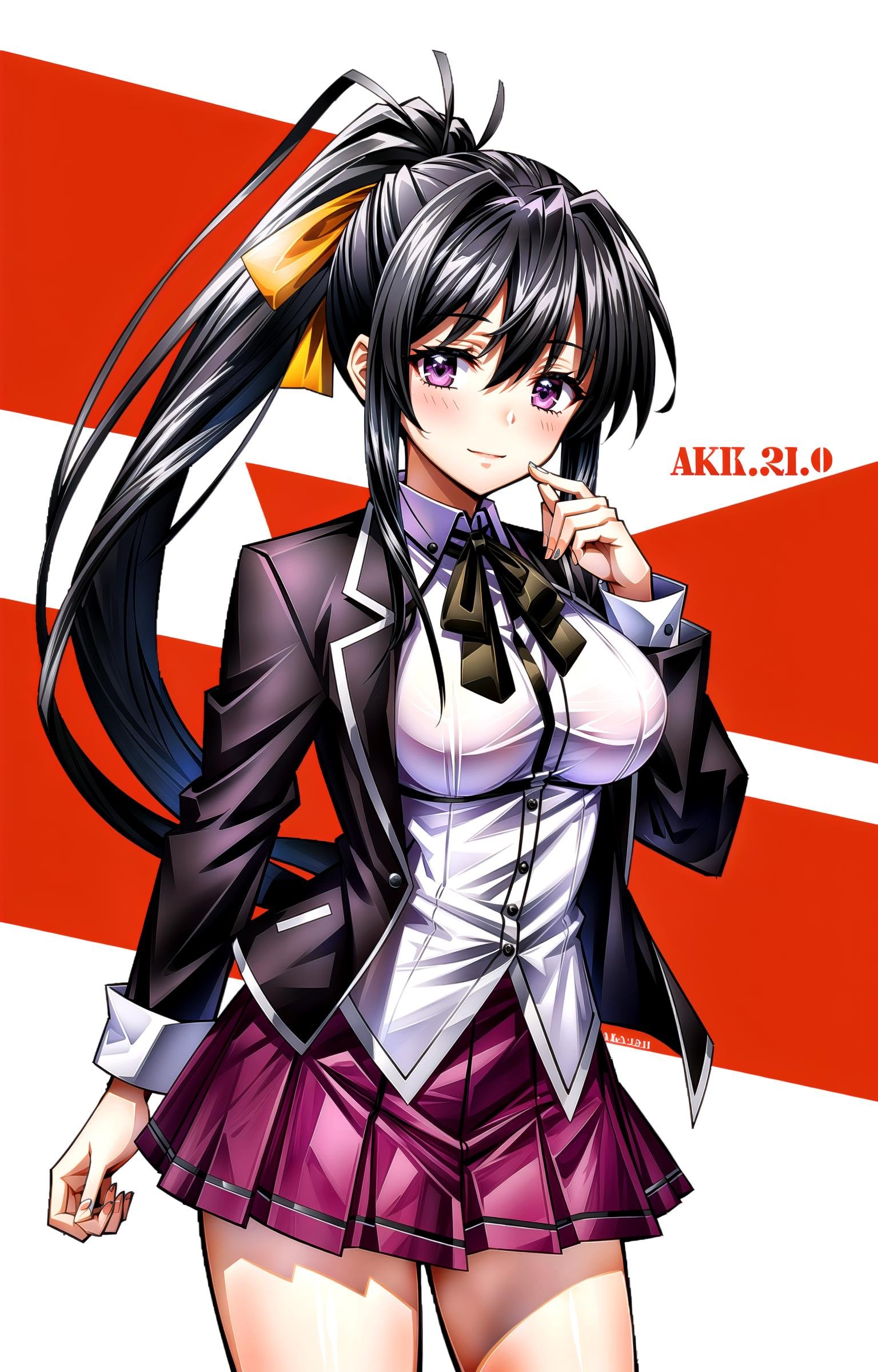 (masterpiece, top quality, best quality, official art, beautiful and aesthetic:1.2),(8k, best quality, masterpiece:1.2), 1girl, mature girl, solo,  Akeno, (looking at viewer, cowboy shot, standing:1), (black hair, black colored hair, black long hair, ponytail, hair ribbon:1.2), (purple eyes, purple shining eyes:1.3), [smile, closed mouth:1.2], [large breasts, sexy:1], (Akeno School, school uniform, red pleated skirt, white shirt, black jacket:1.15), <lora:more_details:.4>, <lora:AkenoLora:.7>