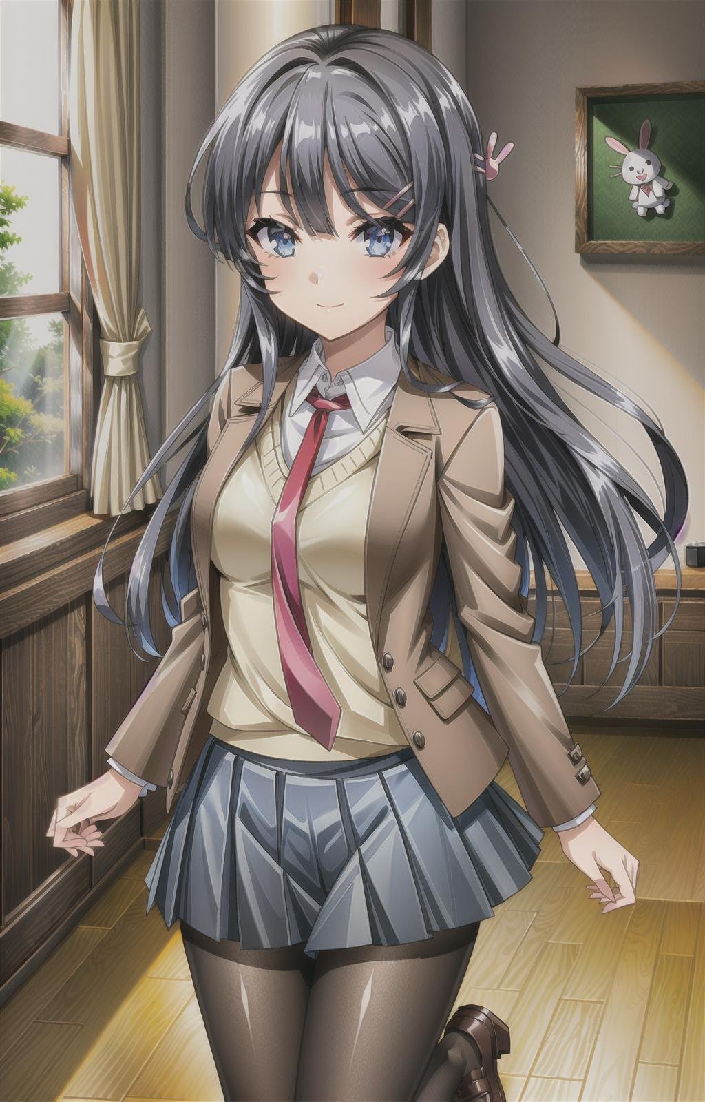 (masterpiece, top quality, best quality, official art, beautiful and aesthetic:1.4), (8k, best quality, masterpiece:1.4), (looking at the viewer, cowboy shot:1), 1girl, solo, Mai, (Black hair, long flowing hair, Black colored hair, bangs, rabbit hair ornament, hairclip:1.2), (blue eyes, shining blue eyes:1.3), [smile, closed mouth:1.2], [large breasts:1], (Mai School, brown jacket, blue pleated skirt, red necktie, pantyhose, brown footwear, white shirt:1.4), <lora:more_details:.4>, <lora:MaiLora:.7>