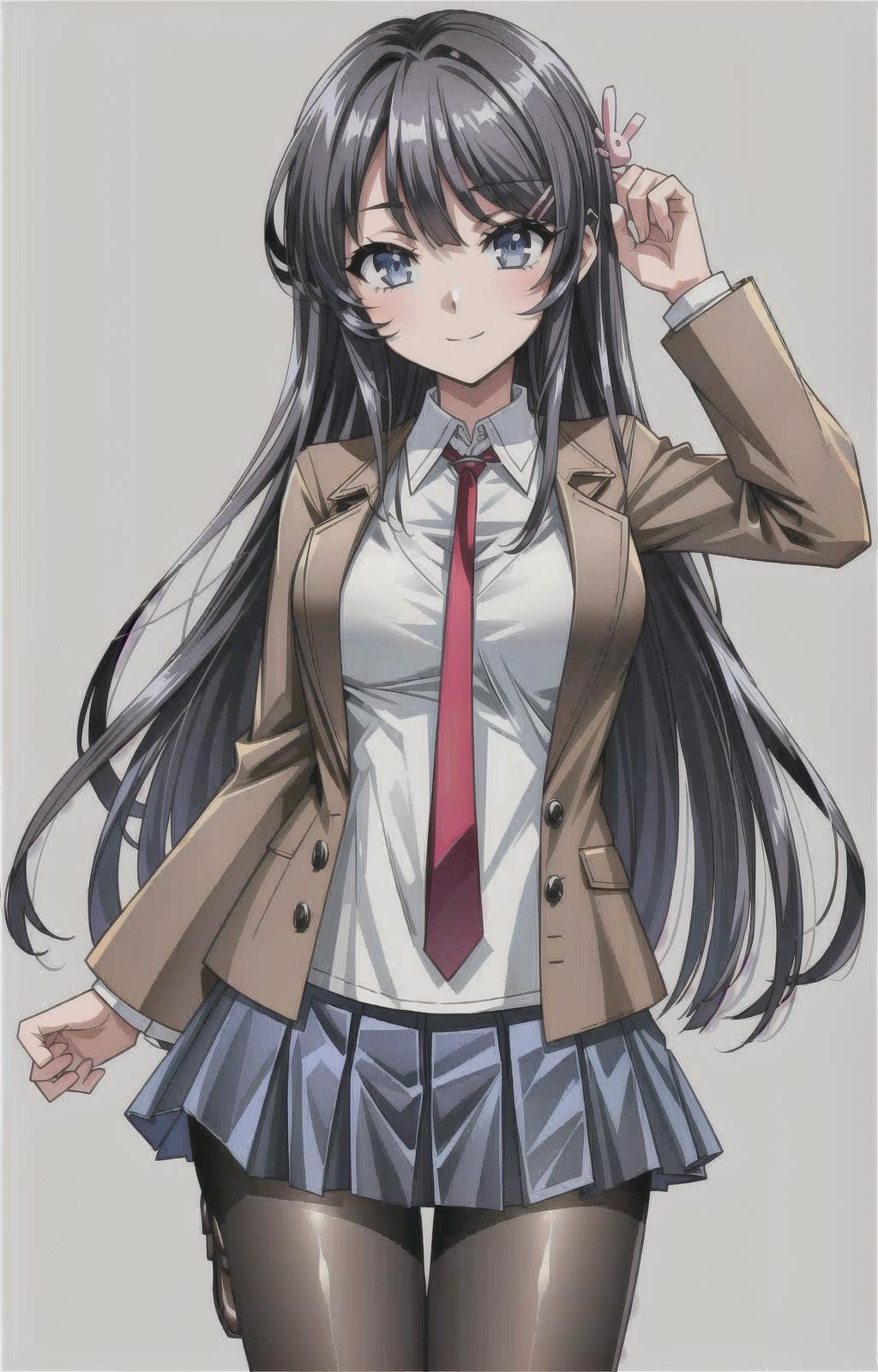 (masterpiece, top quality, best quality, official art, beautiful and aesthetic:1.4), (8k, best quality, masterpiece:1.4), (looking at the viewer, cowboy shot:1), 1girl, solo, Mai, (Black hair, long flowing hair, Black colored hair, bangs, rabbit hair ornament, hairclip:1.2), (blue eyes, shining blue eyes:1.3), [smile, closed mouth:1.2], [large breasts:1], (Mai School, brown jacket, blue pleated skirt, red necktie, pantyhose, brown footwear, white shirt:1.4), <lora:more_details:.4>, <lora:MaiLora:.7>