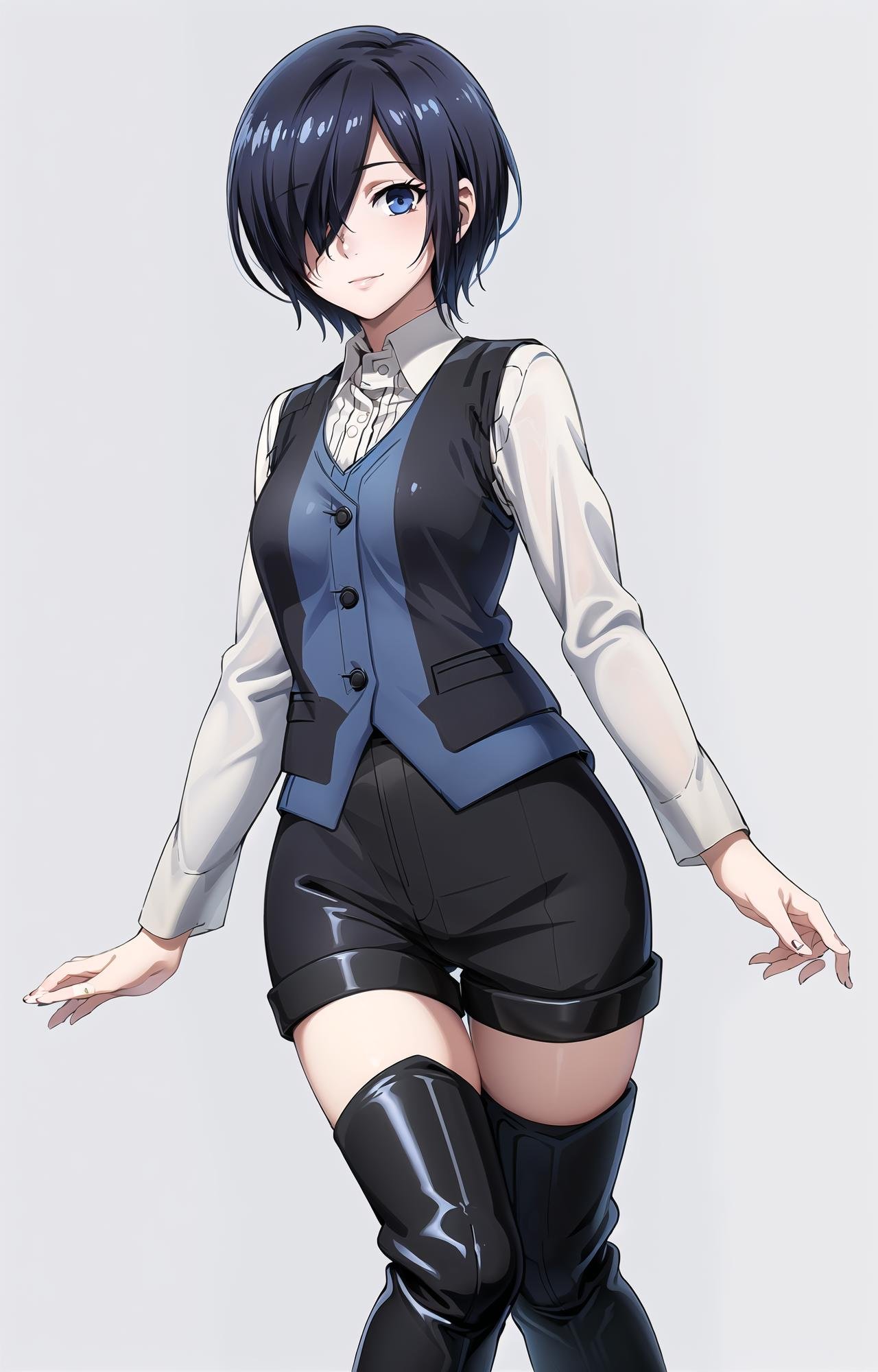 (masterpiece, top quality, best quality, official art, beautiful and aesthetic, picture-perfect:1.4), 1girl, solo,  Touka, Touka Human, (looking at viewer, cowboy shot:1), (black hair, black colored hair, short hair, hair covering one eye:1.2), (blue eyes, shining blue eyes:1.3), [smile, closed mouth:1.2], [medium breasts, sexy:1], (Touka School, blue vest, school uniform, black shorts, kneehigh boots, black boots:1.4), (simple background:1.4), <lora:more_details:.4>, <lora:ToukaLora:.7>