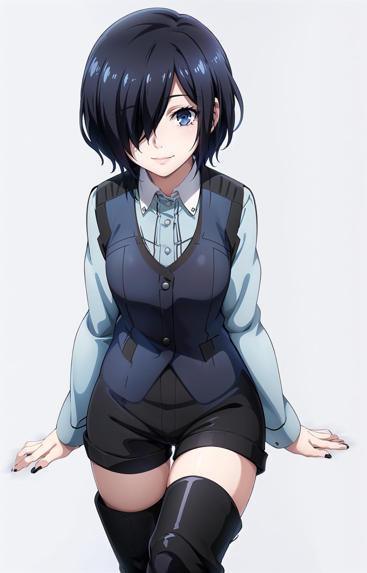 (masterpiece, top quality, best quality, official art, beautiful and aesthetic, picture-perfect:1.4), 1girl, solo,  Touka, Touka Human, (looking at viewer, cowboy shot:1), (black hair, black colored hair, short hair, hair covering one eye:1.2), (blue eyes, shining blue eyes:1.3), [smile, closed mouth:1.2], [medium breasts, sexy:1], (Touka School, blue vest, school uniform, black shorts, kneehigh boots, black boots:1.4), (simple background:1.4), <lora:more_details:.4>, <lora:ToukaLora:.7>