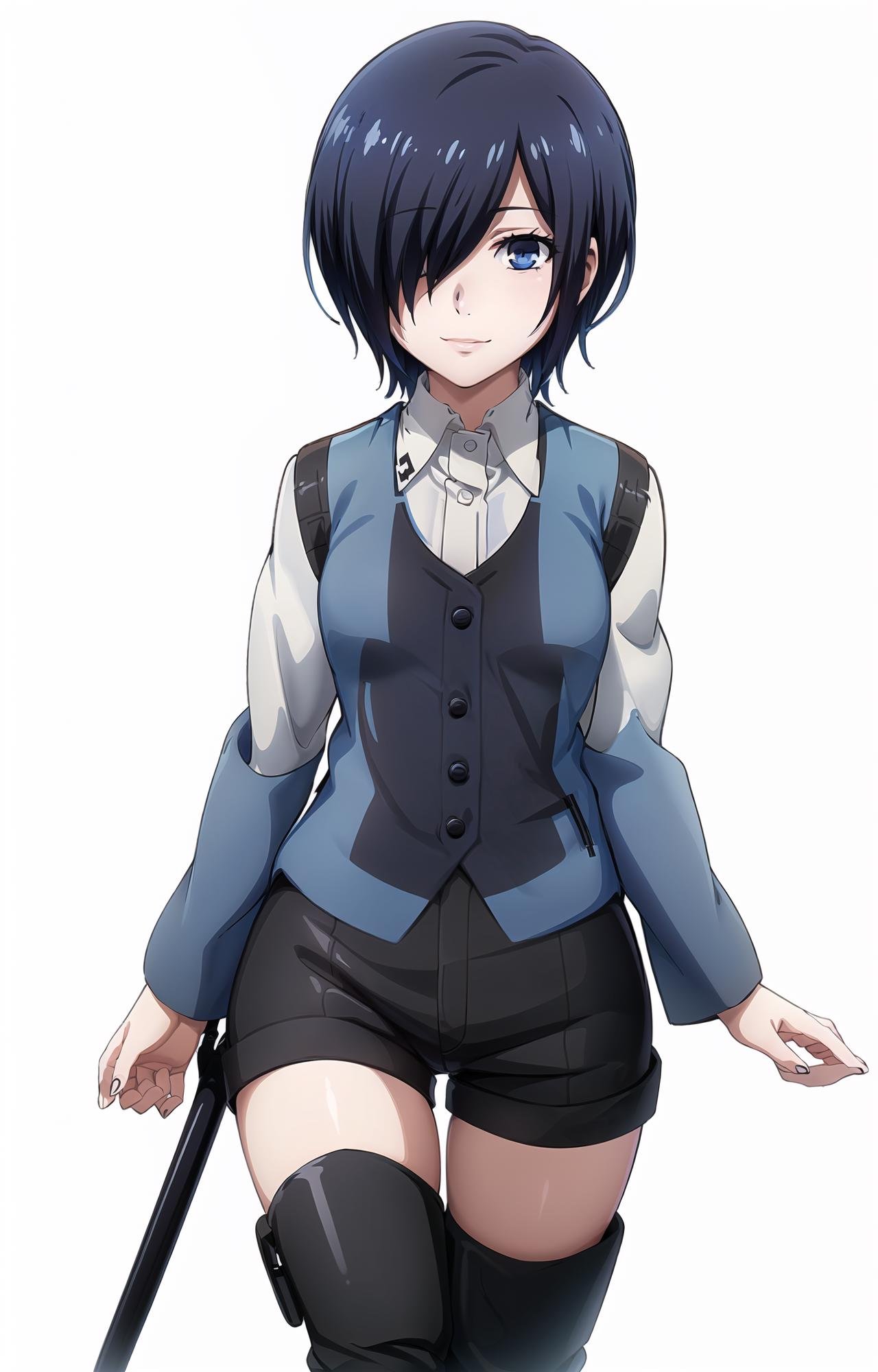 (masterpiece, top quality, best quality, official art, beautiful and aesthetic, picture-perfect:1.4), 1girl, solo,  Touka, Touka Human, (looking at viewer, cowboy shot:1), (black hair, black colored hair, short hair, hair covering one eye:1.2), (blue eyes, shining blue eyes:1.3), [smile, closed mouth:1.2], [medium breasts, sexy:1], (Touka School, blue vest, school uniform, black shorts, kneehigh boots, black boots:1.4), (simple background:1.4), <lora:more_details:.4>, <lora:ToukaLora:.7>