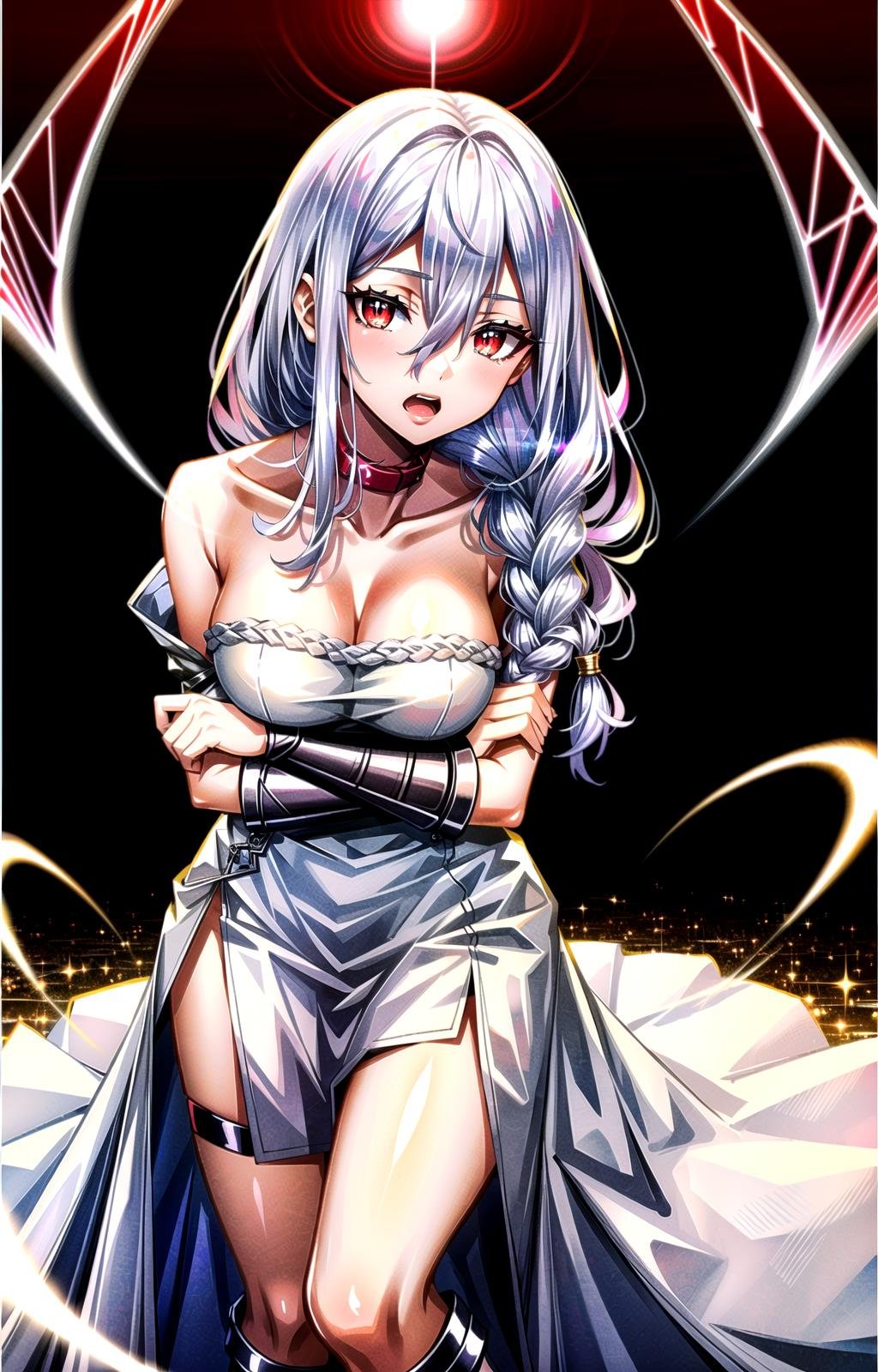 (masterpiece, top quality, best quality, official art, beautiful and aesthetic:1.2),(8k, best quality, masterpiece:1.2), 1girl, solo, Shiraori, (looking at the viewer, full body shot, boots in frame, arm behind head:1), (white hair, long hair, white colored hair, hair between eyes, braid, long singular braid:1.2), (crimson eyes, extra pupils, 5 pupils, shining red eyes, 4k res eyes, ultra-detailed eyes:1.5), [open mouth, serious:1.2], [large breasts, collar bone, cleavage, bare shoulders:1], (Shiro Dress, white dress, white boots, bare shoulders:1.15), (epic red glow:1.4), <lora:more_details:.5>,  <lora:ShiraoriLora-10:.8>