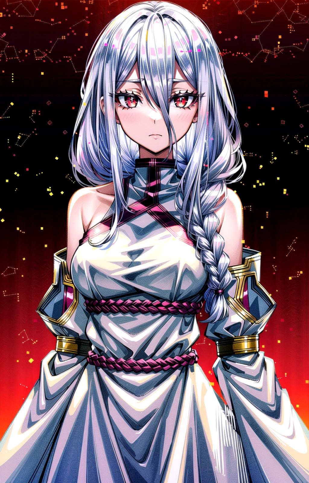 (masterpiece, top quality, best quality, official art, beautiful and aesthetic:1.2),(8k, best quality, masterpiece:1.2), 1girl, solo, Shiraori, (looking at the viewer, cowboy shot:1), (white hair, long hair, white colored hair, hair between eyes, braid, long singular braid:1.2), (crimson eyes, extra pupils, 5 pupils, shining red eyes, 4k res eyes, ultra-detailed eyes:1.5), [flat mouth, serious:1.2], [large breasts:1], (Shiro Dress, white dress, bare shoulders:1.15), Arachne, <lora:more_details:.5>,  <lora:ShiraoriLora-10:.8>