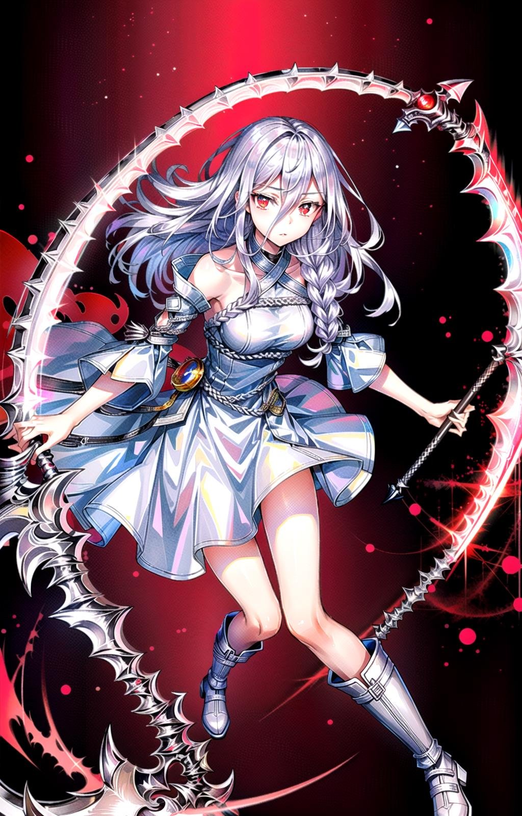 (masterpiece, top quality, best quality, official art, beautiful and aesthetic:1.2),(8k, best quality, masterpiece:1.2), 1girl, solo, Shiraori, (looking at the viewer, full body shot, scythe in frame, boots in frame:1), (white hair, long hair, white colored hair, hair between eyes, braid, long singular braid:1.2), (crimson eyes, extra pupils, 5 pupils, shining red eyes, 4k res eyes, ultra-detailed eyes:1.5), [flat mouth, serious:1.2], [large breasts:1], (Shiro Dress, white dress, bare shoulders:1.15), (holding scythe, Scythe, holding weapon:1.4), <lora:more_details:.5>,  <lora:ShiraoriLora-10:.8>