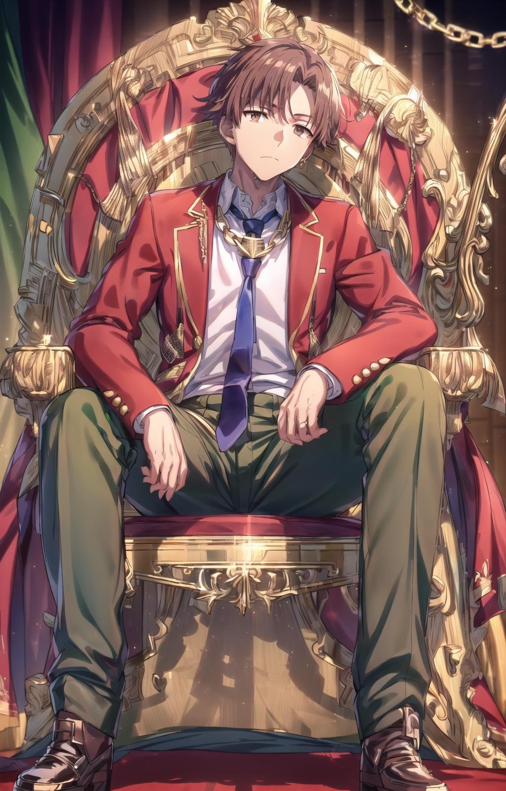 (masterpiece, best quality, sharp image, professional artwork:1.5), Male:1.5, solo, tall, lean, fit, strong, muscular, 1boy, kiyotaka, (looking off to viewer, full body shot, hands by side, high detailed hands, sitting:1.3), [apathetic, emotionless, expressionless:1.2], (curtain hairstyle, parted bangs, brown hair, brown colored hair:1.3), (apathetic eyes, brown eyes, shining brown eyes, brown eyes, $ eyes:1.15), (ANHS uniform, school uniform, white shirt, red jacket, open jacket, blue necktie, green pants:1.15), (golden chain, golden crown, golden necklace, golden throne, sitting on throne, leaning on throne, performing magic, magic circles:1.35),  <lora:more_details:.5>, <lora:KiyotakaLora-10:.7>