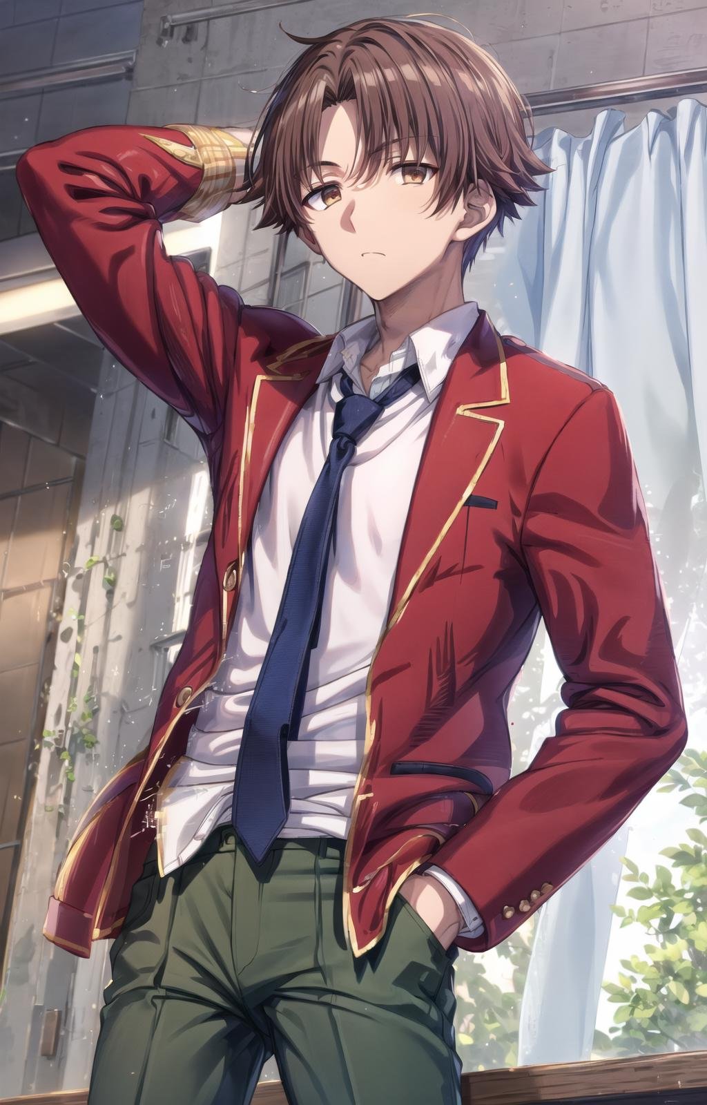 (masterpiece, best quality, sharp image, professional artwork:1.5), Male:1.5, solo, tall, lean, fit, strong, muscular, 1boy, kiyotaka, (looking off to viewer, cowboy shot, hand in pocket, hand behind head:1.3), [apathetic, emotionless, expressionless:1.2], (curtain hairstyle, parted bangs, brown hair, brown colored hair:1.3), (apathetic eyes, brown eyes, shining brown eyes, brown eyes:1.15), (ANHS uniform, school uniform, white shirt, red jacket, open jacket, blue necktie, green pants:1.15),  <lora:more_details:.5>, <lora:KiyotakaLora-10:.7>