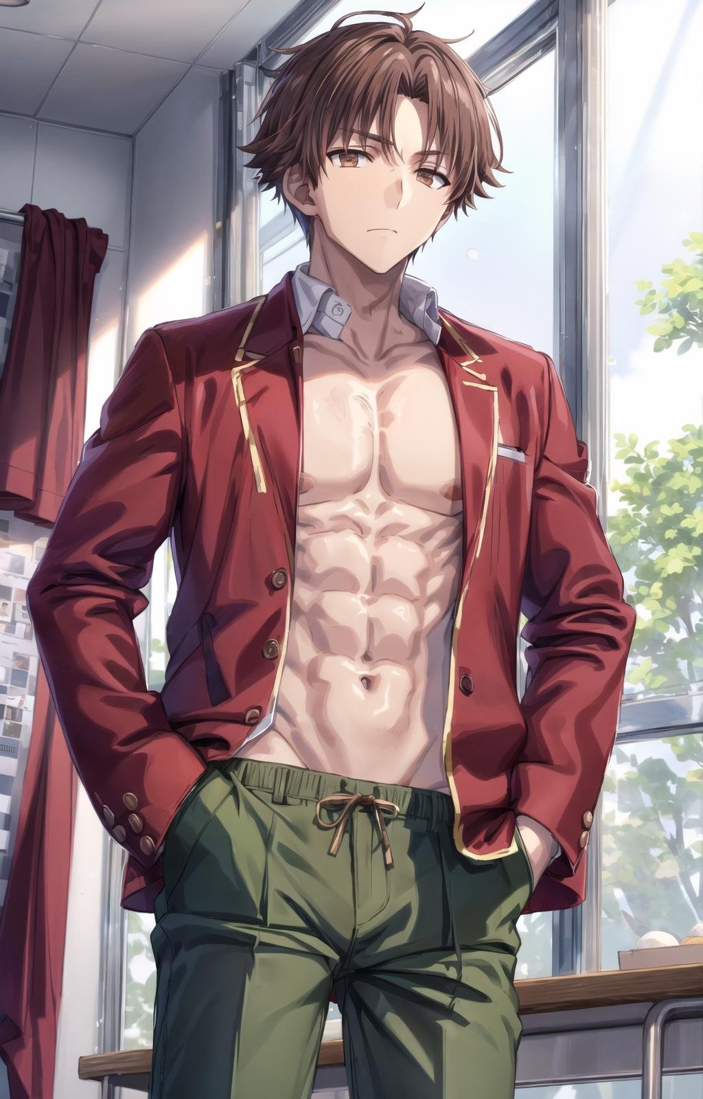 (masterpiece, best quality, sharp image, professional artwork:1.5), Male:1.5, solo, tall, lean, fit, strong, muscular, 1boy, kiyotaka, (looking off to viewer, cowboy shot, hands at side, high detailed hands:1.3), [apathetic, emotionless, expressionless:1.2], (curtain hairstyle, parted bangs, brown hair, brown colored hair:1.3), (apathetic eyes, brown eyes, shining brown eyes, brown eyes:1.15), (school uniform, red jacket, open jacket, green pants, no shirt, shirtless:2, topless, no clothes on torso, 8 pack:1.15),  <lora:more_details:.5>, <lora:KiyotakaLora-10:.6>