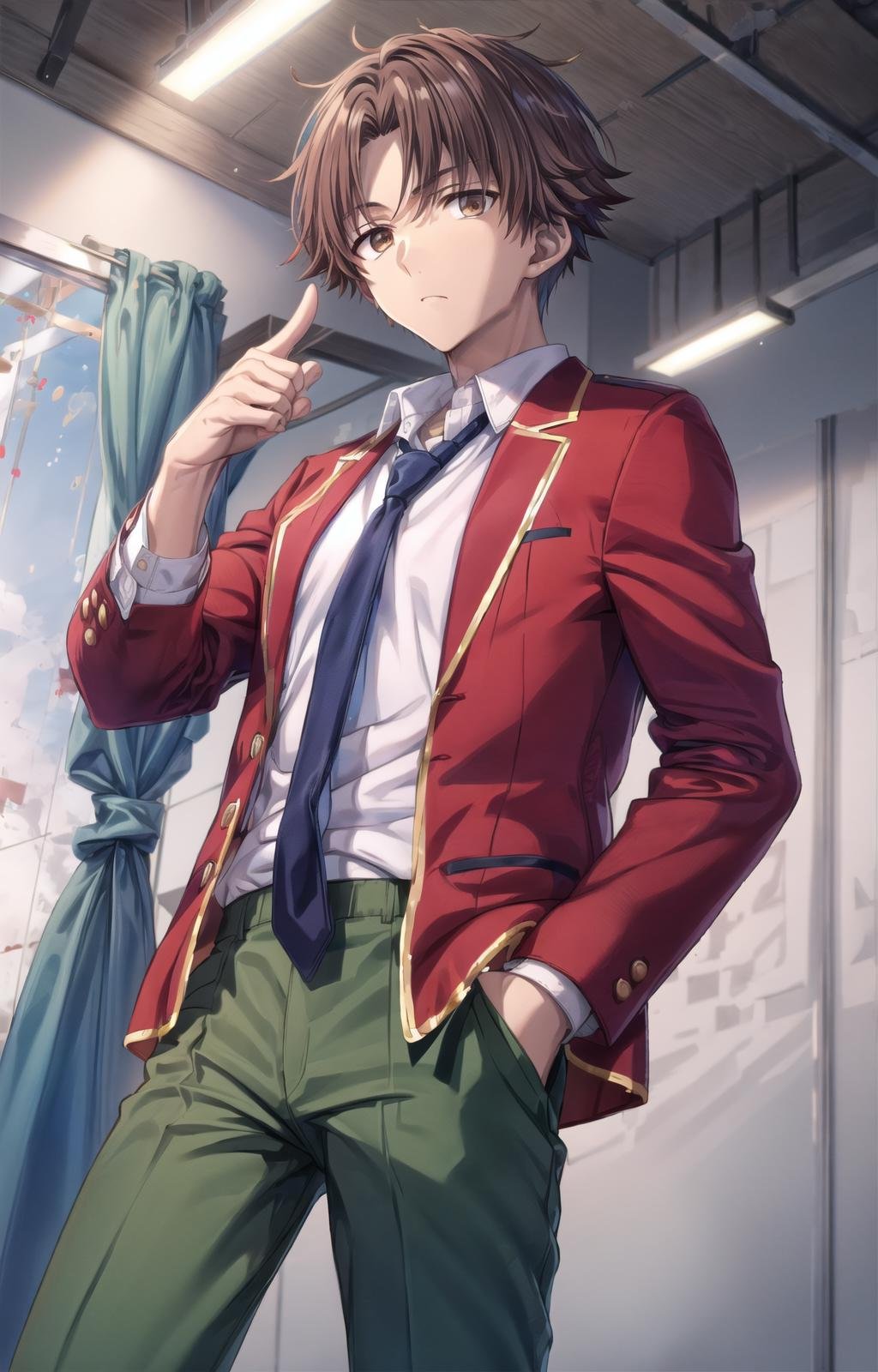 (masterpiece, best quality, sharp image, professional artwork:1.5), Male:1.5, solo, tall, lean, fit, strong, muscular, 1boy, kiyotaka, (looking off to viewer, cowboy shot, arm outstreched, pointing at viewer, high detailed hands:1.3), [apathetic, emotionless, expressionless:1.2], (curtain hairstyle, parted bangs, brown hair, brown colored hair:1.3), (apathetic eyes, brown eyes, shining brown eyes, brown eyes:1.15), (ANHS uniform, school uniform, white shirt, red jacket, open jacket, blue necktie, green pants:1.15),  <lora:more_details:.5>, <lora:KiyotakaLora-10:.7>