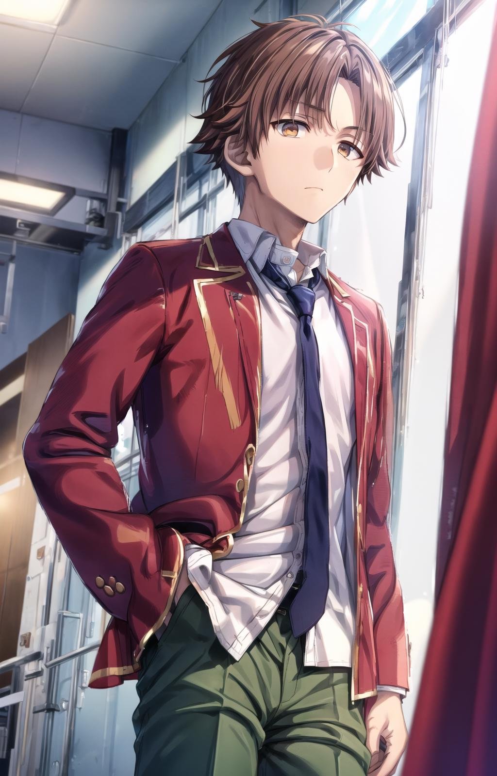 (masterpiece, best quality, sharp image, professional artwork:1.5), Male:1.5, solo, tall, lean, fit, strong, muscular, 1boy, kiyotaka, (looking off to viewer, cowboy shot, hands at side, high detailed hands:1.3), [apathetic, emotionless, expressionless:1.2], (curtain hairstyle, parted bangs, brown hair, brown colored hair:1.3), (apathetic eyes, brown eyes, shining brown eyes, brown eyes:1.15), (ANHS uniform, school uniform, white shirt, red jacket, open jacket, blue necktie, green pants:1.15),  <lora:more_details:.5>, <lora:KiyotakaLora-10:.7>