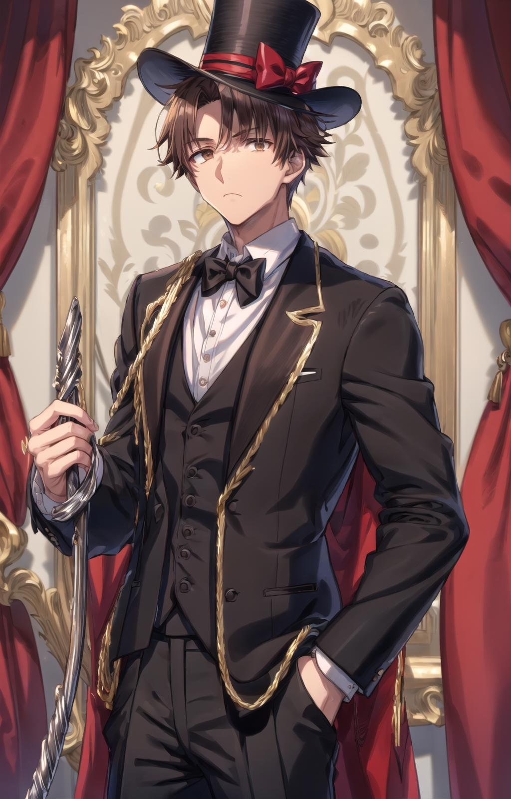 (masterpiece, best quality, sharp image, professional artwork:1.5), Male:1.5, solo, tall, lean, fit, strong, muscular, 1boy, kiyotaka, (looking off to viewer, cowboy shot, hands at side, high detailed hands:1.3), [apathetic, emotionless, expressionless:1.2], (curtain hairstyle, parted bangs, brown hair, brown colored hair:1.3), (apathetic eyes, brown eyes, shining brown eyes, brown eyes:1.15), (black suit, black tuxedo, black dress pants, black dress shirt, black jacket, white inner shirt, formal clothes, red bow tie, black hat, tall top hat, tall black top hat, decorative cane in one hand:1.15),  <lora:more_details:.5>, <lora:KiyotakaLora-10:.6>