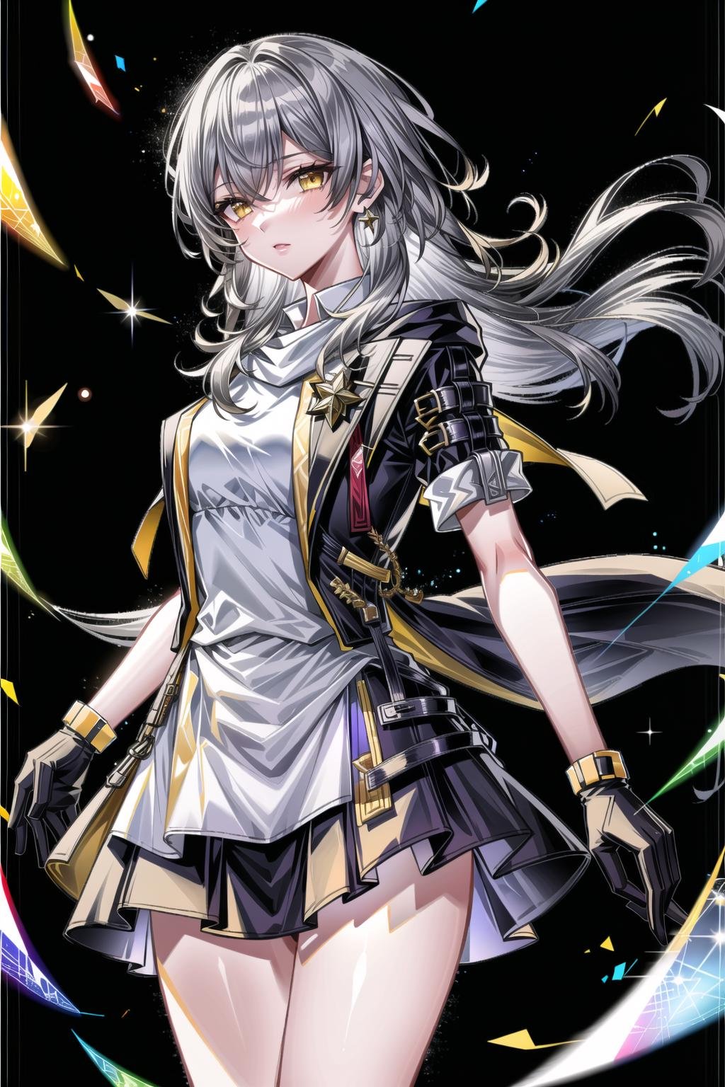 (masterpiece, top quality, best quality, official art, beautiful and aesthetic:1.2),(8k, best quality, masterpiece:1.2), 1woman, mature girl, solo, stelle (honkai star rail), Stelle, (cowboy shot, standing:1), (grey hair, silver hair, grey colored hair, flowing hair, grey long hair:1.2), (yellow eyes, yellow shining eyes:1.3), [apathetic:1.2], [medium breasts:1], (black jacket, rolled up sleeves. black gloves, white dress, black skirt, open jacket:1.15), (epic glow:1.4), <lora:more_details:.5>,  <lora:StelleLora:.8>