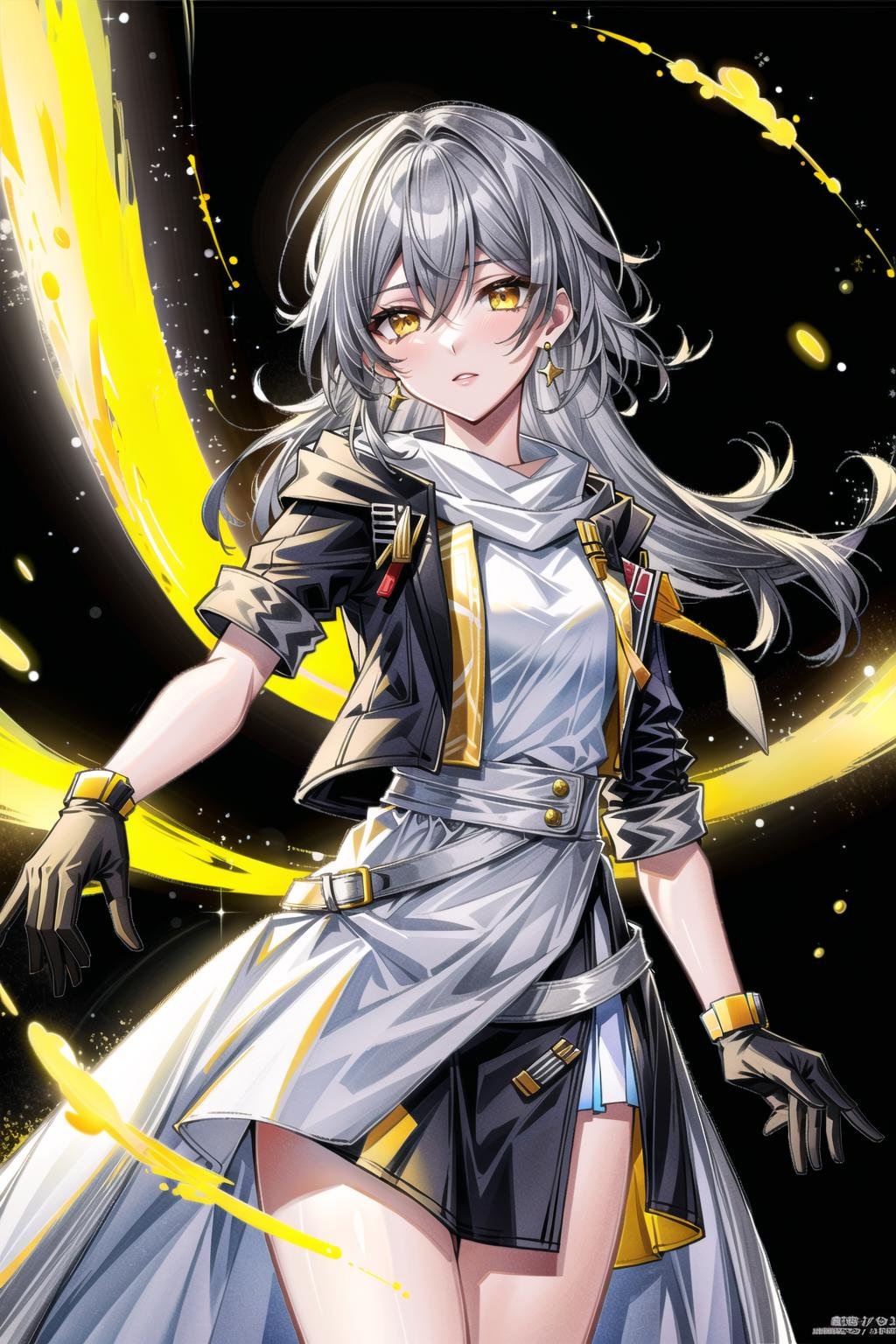 (masterpiece, top quality, best quality, official art, beautiful and aesthetic:1.2),(8k, best quality, masterpiece:1.2), 1woman, mature girl, solo, stelle (honkai star rail), Stelle, (cowboy shot, standing:1), (grey hair, silver hair, grey colored hair, flowing hair, grey long hair:1.2), (yellow eyes, yellow shining eyes:1.3), [apathetic:1.2], [medium breasts:1], (black jacket, rolled up sleeves. black gloves, white dress, black skirt, open jacket:1.15), (epic glow:1.4), <lora:more_details:.5>,  <lora:StelleLora:.8>
