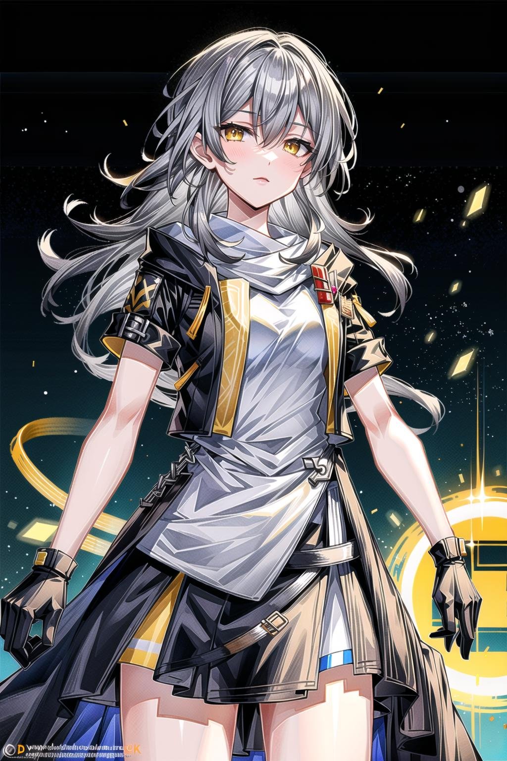 (masterpiece, top quality, best quality, official art, beautiful and aesthetic:1.2),(8k, best quality, masterpiece:1.2), 1woman, mature girl, solo, stelle (honkai star rail), Stelle, (cowboy shot, standing:1), (grey hair, silver hair, grey colored hair, flowing hair, grey long hair:1.2), (yellow eyes, yellow shining eyes:1.3), [apathetic:1.2], [medium breasts:1], (black jacket, rolled up sleeves. black gloves, white dress, black skirt, open jacket:1.15), (epic glow:1.4), <lora:more_details:.5>,  <lora:StelleLora:.8>