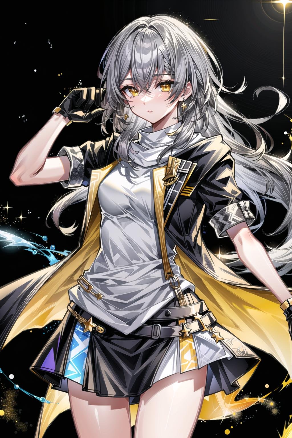 (masterpiece, top quality, best quality, official art, beautiful and aesthetic:1.2),(8k, best quality, masterpiece:1.2), 1woman, mature girl, solo, stelle (honkai star rail), Stelle, (cowboy shot, standing:1), (grey hair, silver hair, grey colored hair, flowing hair, grey long hair:1.2), (yellow eyes, yellow shining eyes:1.3), [apathetic:1.2], [medium breasts:1], (black jacket, rolled up sleeves. black gloves, white dress, black skirt, open jacket:1.15), (epic glow:1.4), <lora:more_details:.5>,  <lora:StelleLora:.8>