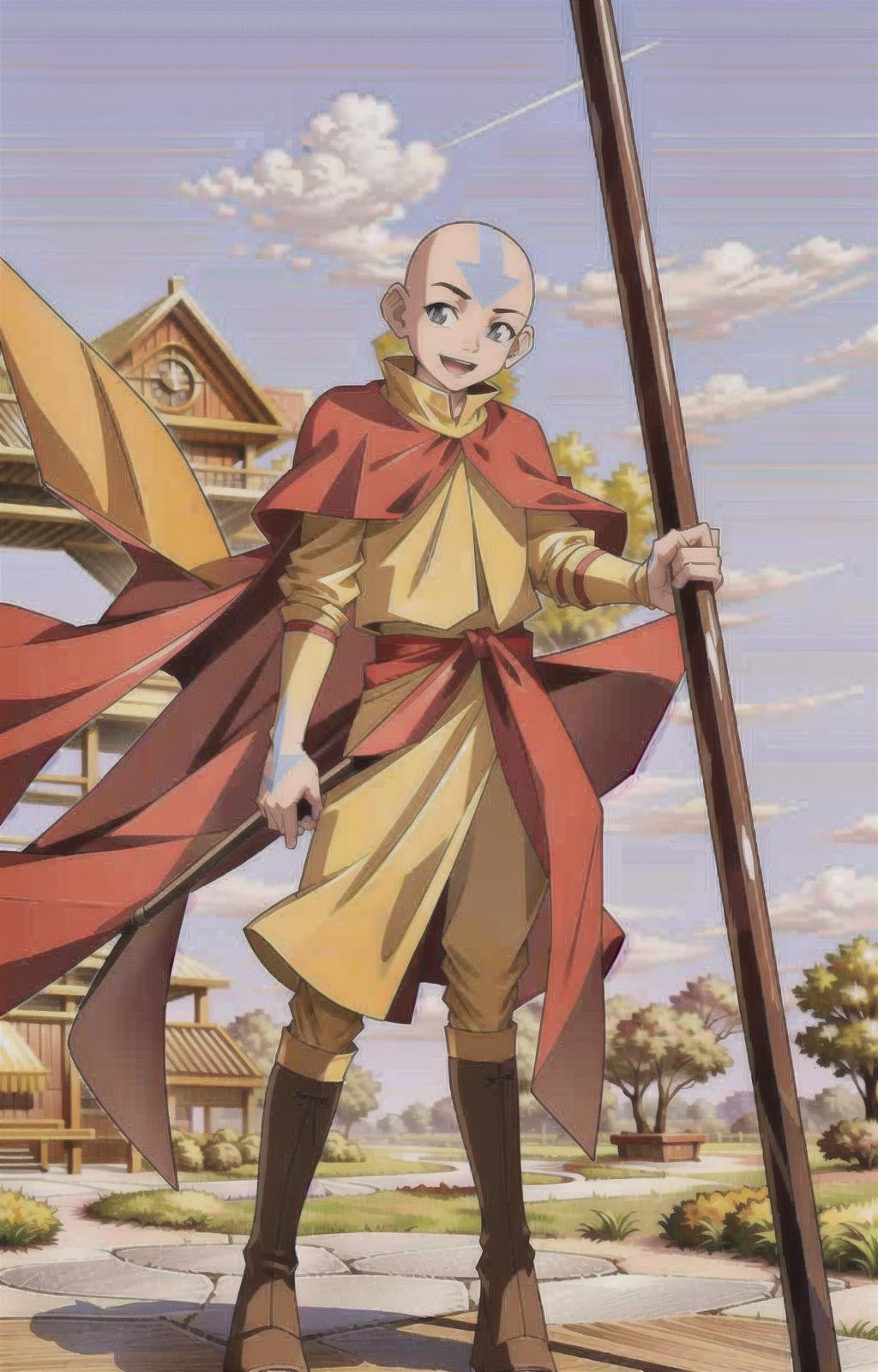 (masterpiece, top quality, best quality, official art, beautiful and aesthetic:1.4), (8k res, best quality, masterpiece:1.4), (looking at the viewer, cowboy shot, standing:1), 1boy, solo, kid, Aang, (bald, no hair, arrow tattoo on head:1.2), (blue eyes, shining blue eyes:1.3), [smile, open mouth:1.2], (Aang Attire, yellow shirt, cape, brown footwear, boots, staff, holding, holding weapon, bo staff, wooden staff:1.4), <lora:more_details:.4>,  <lora:AangLora:.8>