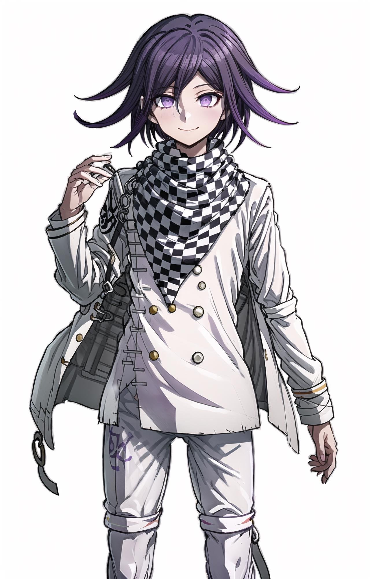 (masterpiece, top quality, best quality, official art, beautiful and aesthetic, picture-perfect:1.4), 1boy, solo, Kokichi, (looking at viewer, cowboy shot:1), (purple hair, purple colored hair, medium hair:1.2), (purple eyes, shining purple eyes, ringed eyes:1.3), [smile, closed mouth:1.2], [medium breasts, sexy:1], (Kokichi Attire, straitjacket, white jacket, white pants, buttons, checkered scarf, white clothes:1.4), (simple background:1.4), <lora:more_details:.5>, <lora:KokichiLora:.7>