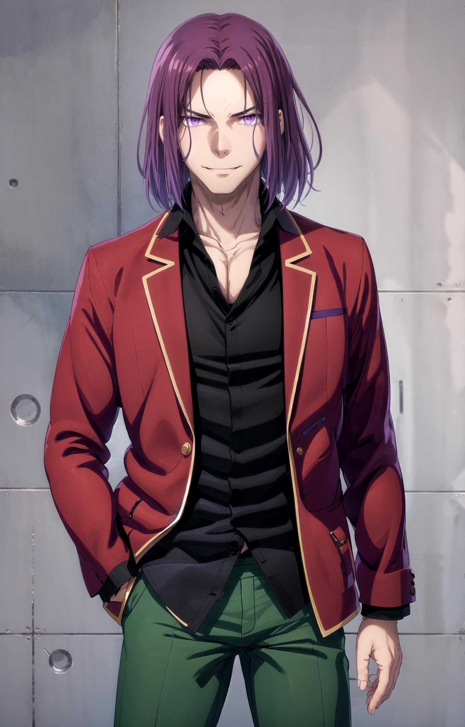 (masterpiece, best quality, sharp image, professional artwork:1.5), 1boy, solo, Ryuuen, (looking at viewer, cowboy shot:1.3), (parted bangs, purple hair, purple colored hair, medium hair:1.3), (shining purple eyes, purple eyes:1.15), [smile, closed mouth:1.3], (Ryuuen School, school uniform, black shirt, red jacket, open jacket, green pants, pectorals:1.15), <lora:more_details:.4>,   <lora:RyuuenLora-15:.7>