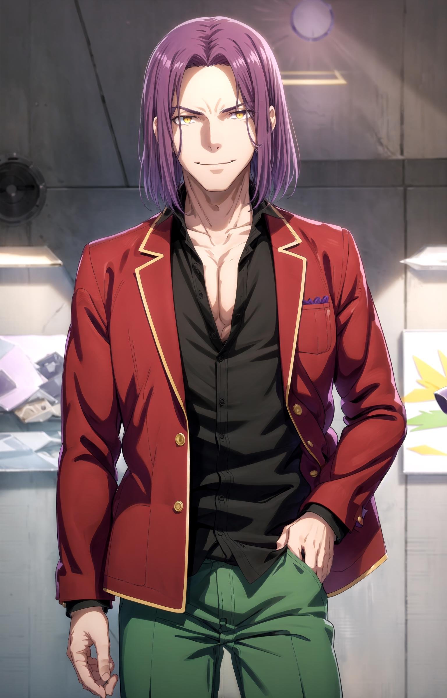 (masterpiece, best quality, sharp image, professional artwork:1.5), 1boy, solo, Ryuuen, (looking at viewer, cowboy shot:1.3), (parted bangs, purple hair, purple colored hair:1.3), (yellow eyes, shining yellow eyes, purple eyes:1.15), [smile, closed mouth:1.3], (Ryuuen School, school uniform, black shirt, red jacket, open jacket, green pants, pectorals:1.15), <lora:more_details:.4>,   <lora:RyuuenLora-15:.7>