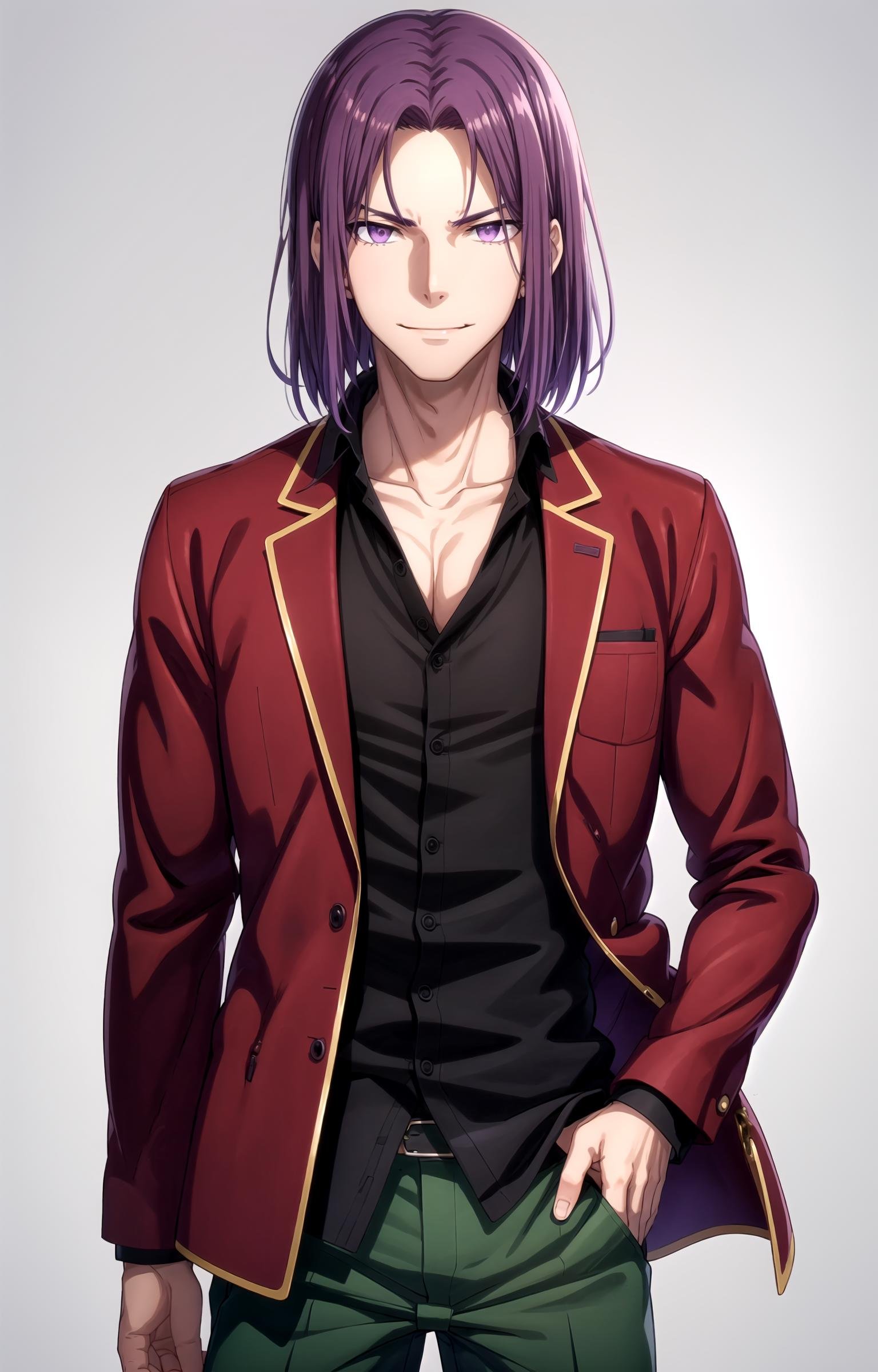 (masterpiece, best quality, sharp image, professional artwork:1.5), 1boy, solo, Ryuuen, (looking at viewer, cowboy shot:1.3), (parted bangs, purple hair, purple colored hair, medium hair:1.3), (shining purple eyes, purple eyes:1.15), [smile, closed mouth:1.3], (Ryuuen School, school uniform, black shirt, red jacket, open jacket, green pants, pectorals:1.15), <lora:more_details:.4>,   <lora:RyuuenLora-15:.5>