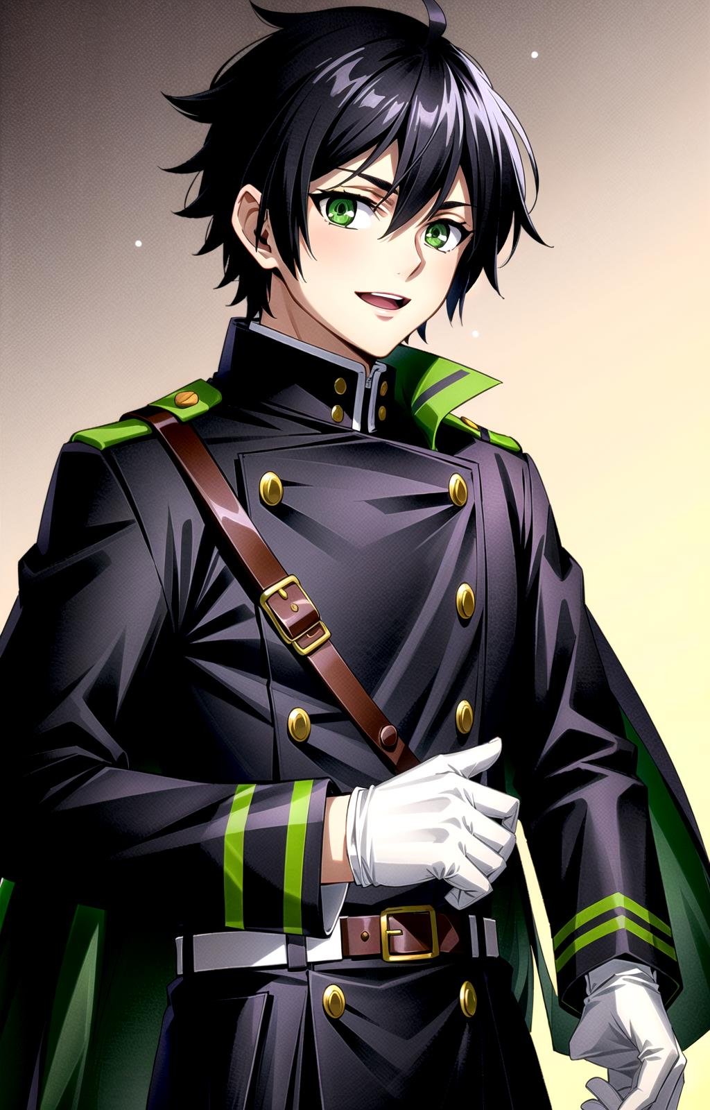 (masterpiece, top quality, best quality, official art, beautiful and aesthetic:1.4), (8k, best quality, masterpiece:1.4), (looking at the viewer, cowboy shot, standing:1), 1boy, solo, Yuichiro, (black hair, short hair, black colored hair, bangs:1.2), (green eyes, shining green eyes:1.3), [smile, open mouth:1.2], (white gloves, military uniform, black jacket:1.3), (epic glow, night, dark lighting, high shadows:1.4), <lora:more_details:.3>,   <lora:YuichiroLora:.7>