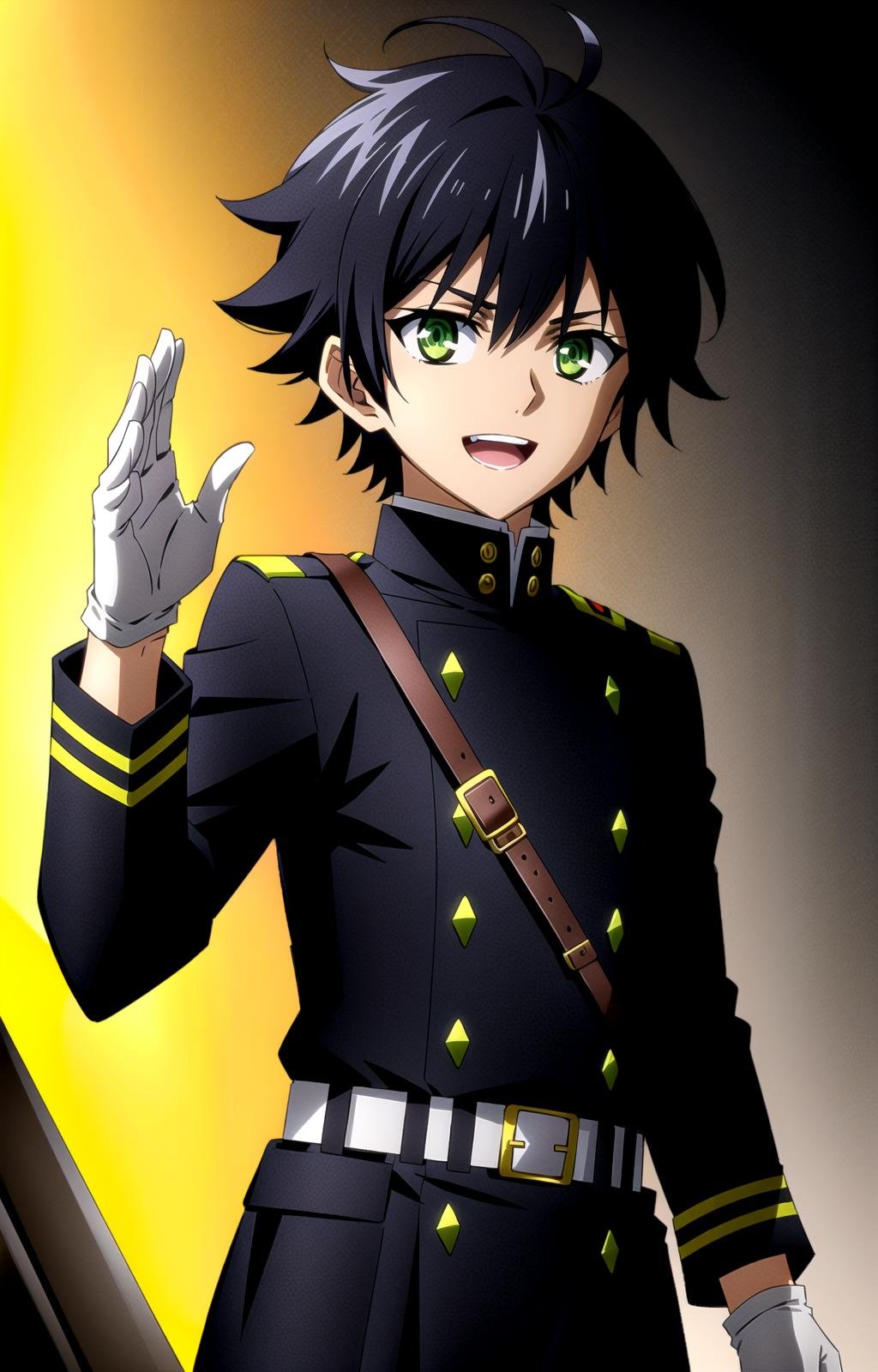 (masterpiece, top quality, best quality, official art, beautiful and aesthetic, anime style:1.4), (8k, best quality, masterpiece:1.4), (looking at the viewer, cowboy shot, standing:1), 1boy, solo, Yuichiro, (black hair, short hair, black colored hair, bangs:1.2), (green eyes, shining green eyes:1.3), [smile, open mouth:1.2], (white gloves, military uniform, black jacket:1.3), (epic glow, night, dark lighting, high shadows:1.4), <lora:more_details:.3>,   <lora:YuichiroLora:.7>