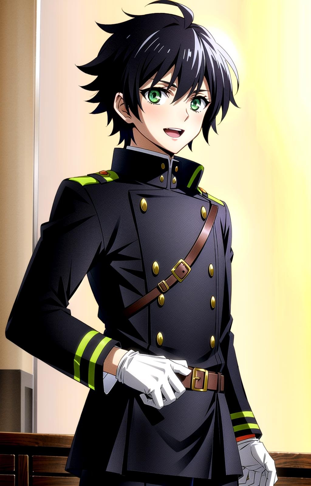 (masterpiece, top quality, best quality, official art, beautiful and aesthetic, anime style:1.4), (8k, best quality, masterpiece:1.4), (looking at the viewer, cowboy shot, standing:1), 1boy, solo, Yuichiro, (black hair, short hair, black colored hair, bangs:1.2), (green eyes, shining green eyes:1.3), [smile, open mouth:1.2], (white gloves, military uniform, black jacket:1.3), (epic glow, night, dark lighting, high shadows:1.4), <lora:more_details:.3>,   <lora:YuichiroLora:.7>