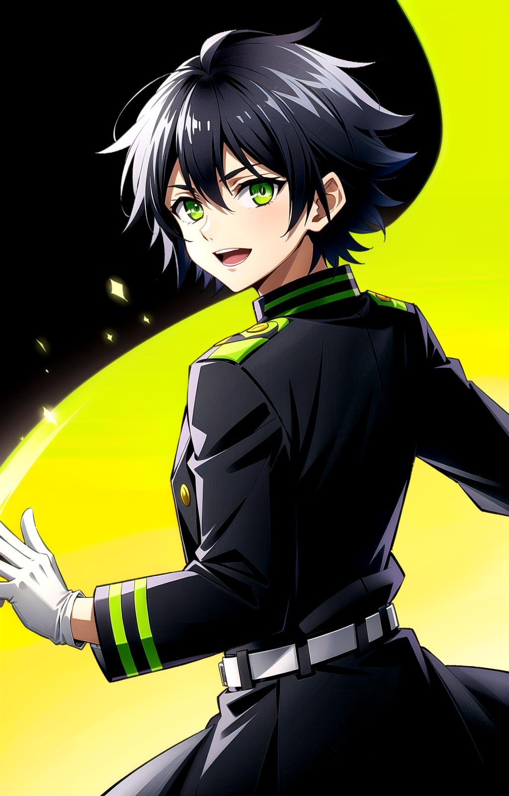 (masterpiece, top quality, best quality, official art, beautiful and aesthetic, anime style:1.4), (8k, best quality, masterpiece:1.4), (looking at the viewer, cowboy shot, standing:1), 1boy, solo, Yuichiro, (black hair, short hair, black colored hair, bangs:1.2), (green eyes, shining green eyes:1.3), [smile, open mouth:1.2], (white gloves, military uniform, black jacket:1.3), (epic glow, night, dark lighting, high shadows:1.4), <lora:more_details:.3>,   <lora:YuichiroLora:.7>