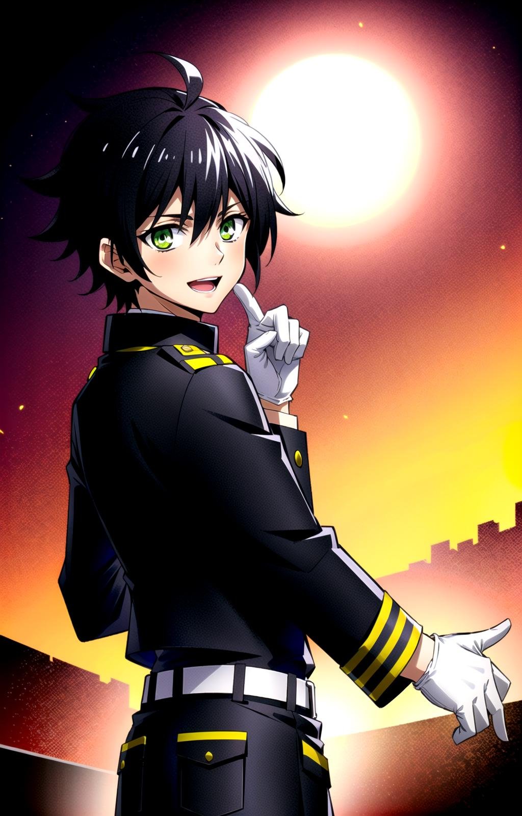 (masterpiece, top quality, best quality, official art, beautiful and aesthetic, anime style:1.4), (8k, best quality, masterpiece:1.4), (looking at the viewer, cowboy shot, standing:1), 1boy, solo, Yuichiro, (black hair, short hair, black colored hair, bangs:1.2), (green eyes, shining green eyes:1.3), [smile, open mouth:1.2], (white gloves, military uniform, black jacket:1.3), (epic glow, night, dark lighting, high shadows:1.4), <lora:more_details:.3>,   <lora:YuichiroLora:.7>