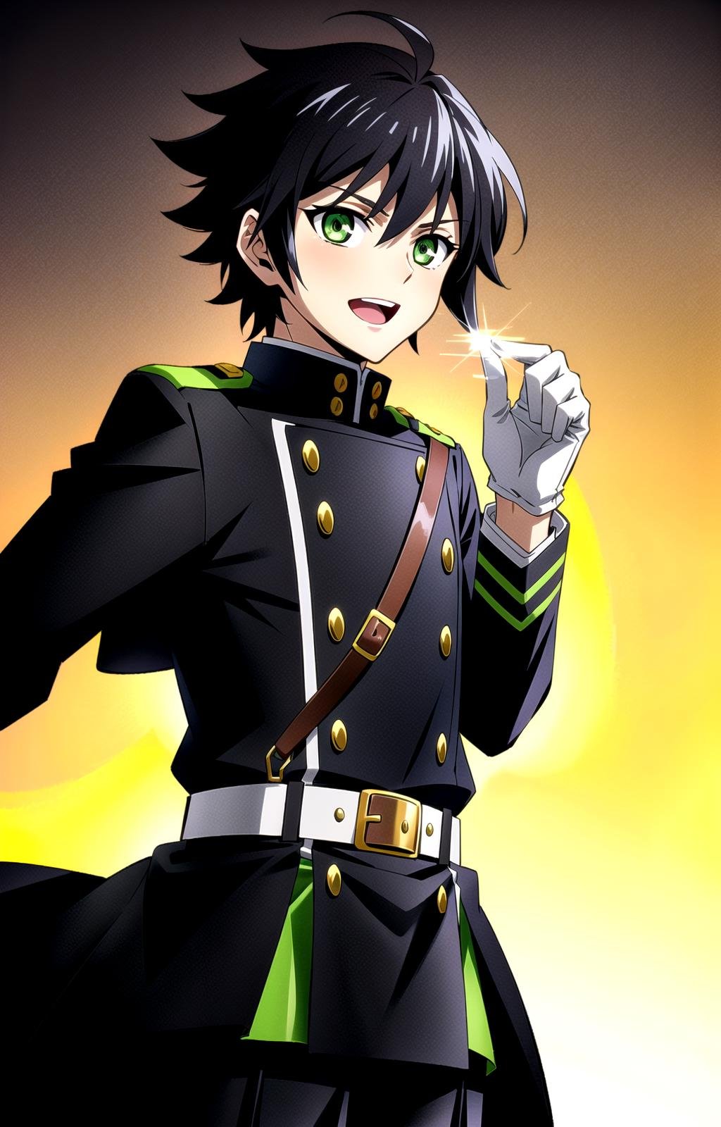 (masterpiece, top quality, best quality, official art, beautiful and aesthetic, anime style:1.4), (8k, best quality, masterpiece:1.4), (looking at the viewer, cowboy shot, standing:1), 1boy, solo, Yuichiro, (black hair, short hair, black colored hair, bangs:1.2), (green eyes, shining green eyes:1.3), [smile, open mouth:1.2], (white gloves, military uniform, black jacket:1.3), (epic glow, night, dark lighting, high shadows:1.4), <lora:more_details:.3>,   <lora:YuichiroLora:.7>