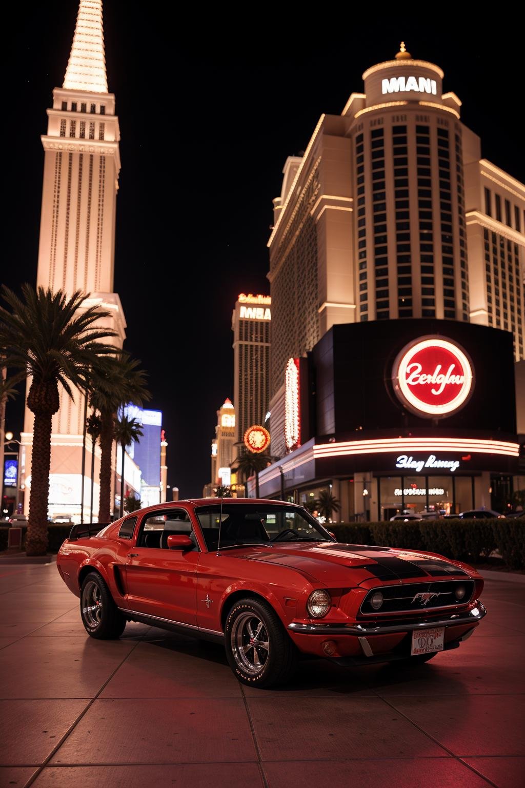 Photo of a classic red mustang car parked in las vegas strip at night