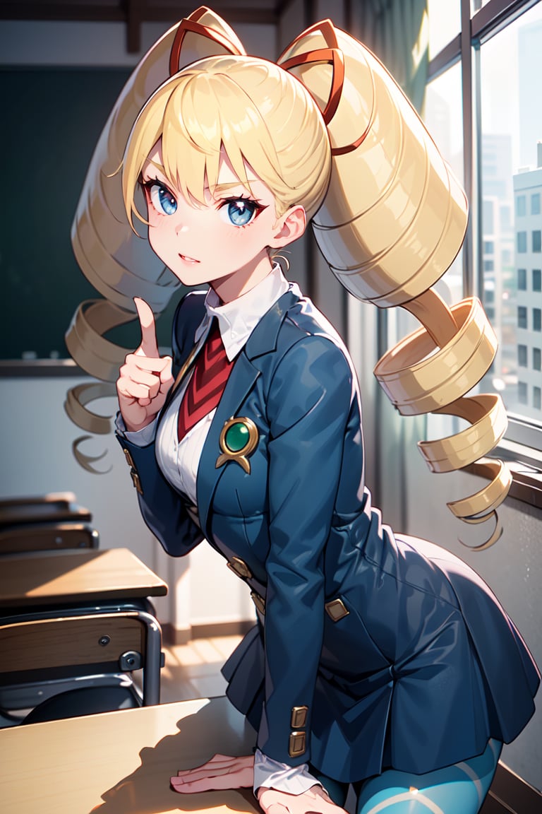 masterpiece, best quality, 1girl,  Luna_MM, twintails, (twin drills), blonde hair, light frown, dress, blue pantyhose, striped pantyhose, leaning forward, pointing at viewer, classroom, pov, <lora:EMS-51446-EMS:0.800000>