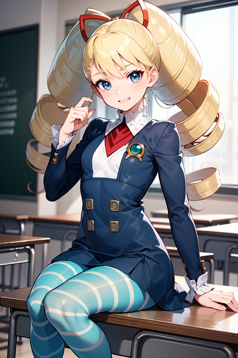 masterpiece, best quality, 1girl, Luna_MM, twintails, (twin drills), blonde hair, smile, dress, blue pantyhose, striped pantyhose, sitting on desk, classroom, <lora:EMS-51446-EMS:0.800000>