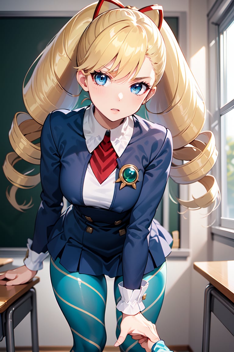 masterpiece, best quality, 1girl,  Luna_MM, twintails, (twin drills), blonde hair, light frown, dress, blue pantyhose, striped pantyhose, leaning forward, pointing at viewer, classroom, pov, <lora:EMS-51446-EMS:0.800000>