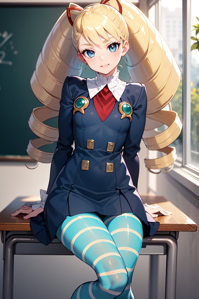 masterpiece, best quality, 1girl, Luna_MM, twintails, (twin drills), blonde hair, smile, dress, blue pantyhose, striped pantyhose, sitting on desk, crossed legs, classroom, <lora:EMS-51446-EMS:0.800000>